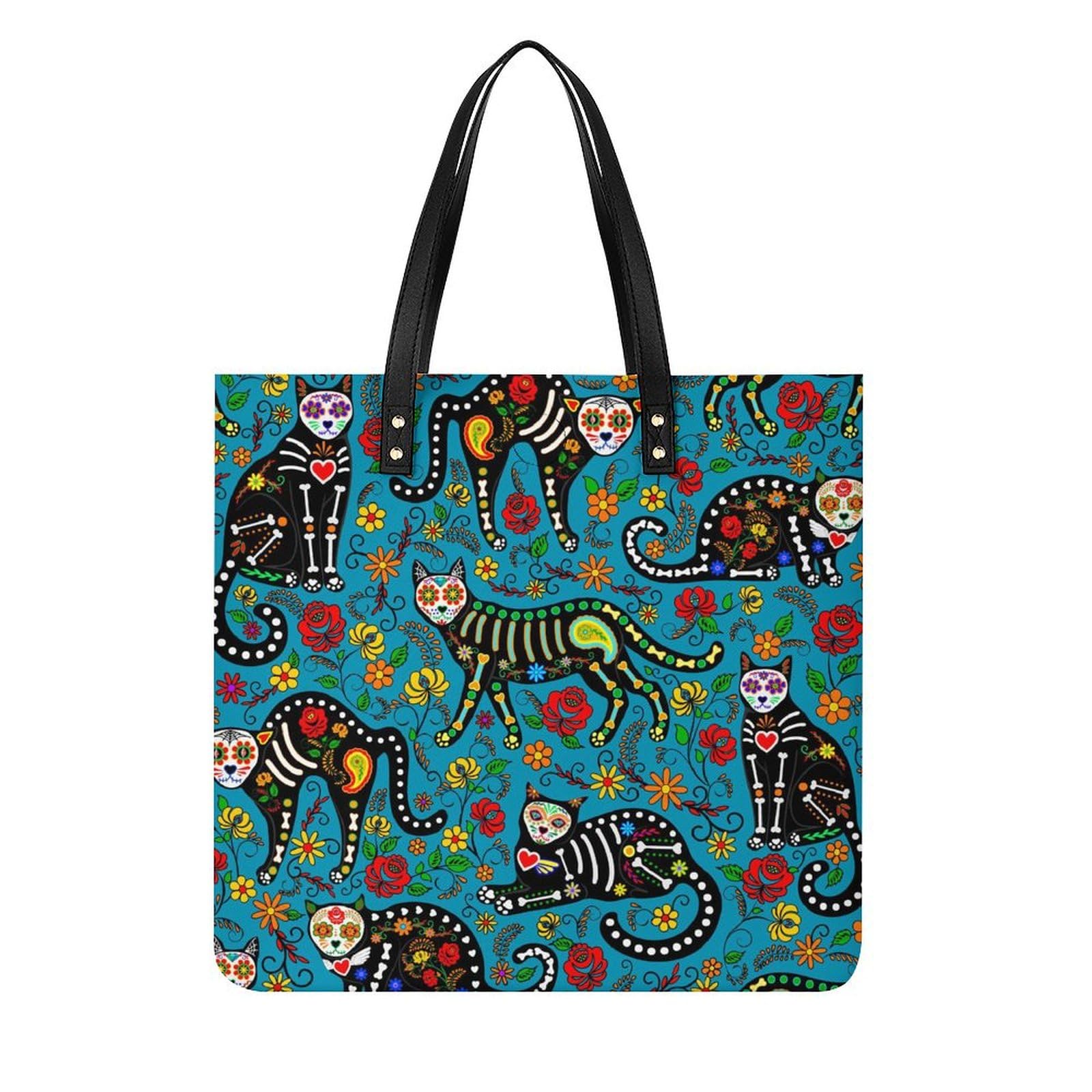 Sac à main chat squelette grand format 39x39cm en toile noire avec imprimé durable - 8