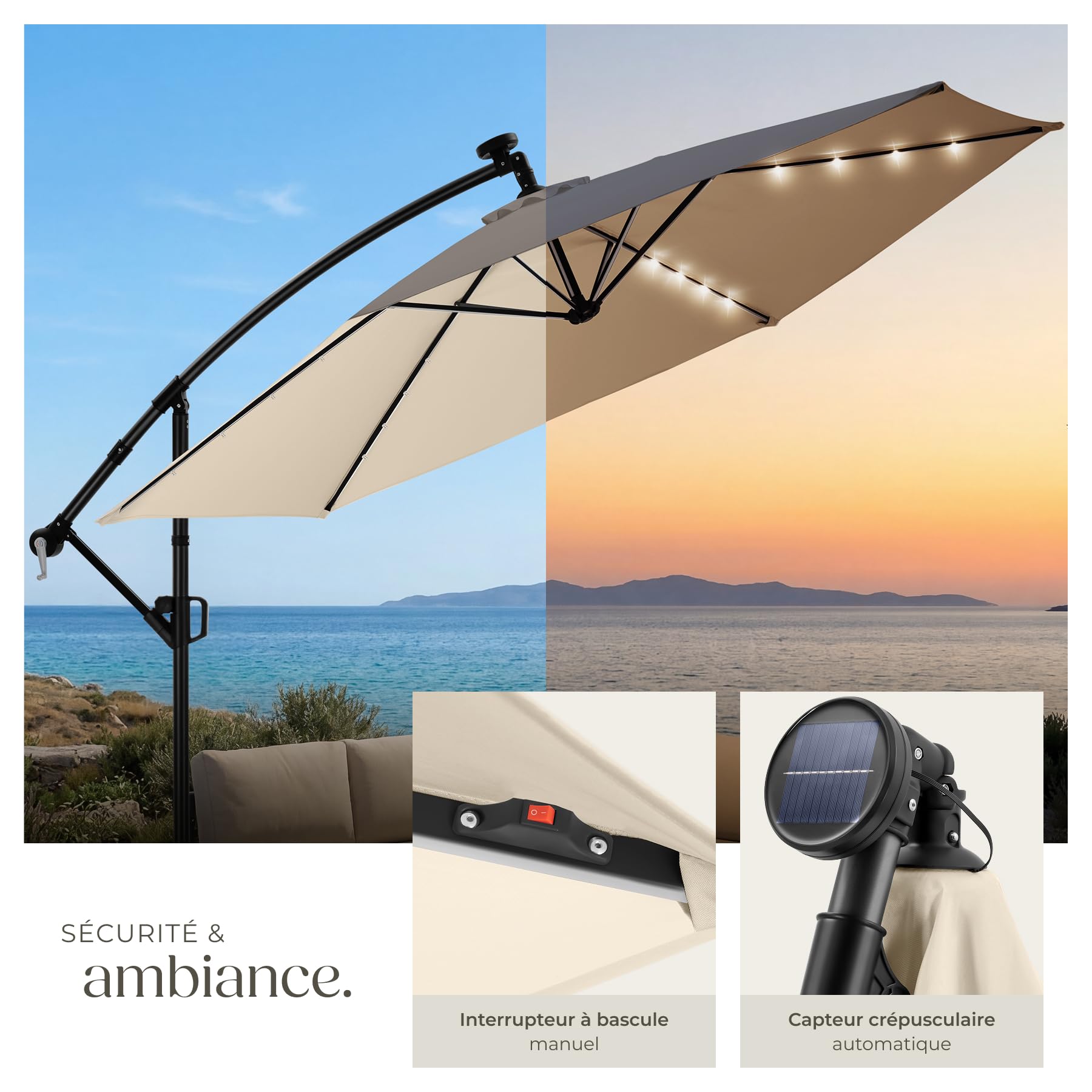 tectake® Parasol déporté, 3 x 3 m avec Eclairage LED, Pivotant à 360°, Inclinable de 90° à 135°, UV 50+, Panneau solaire, Parasol de jardin exterieur, Terrasse, Balcon, Divers Coloris