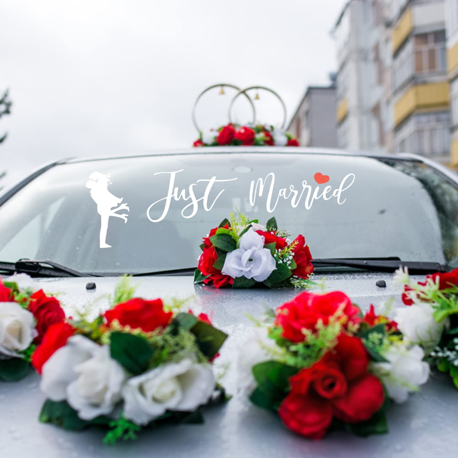 Kit di decorazioni per auto per matrimoni, striscione con scritta Just Married, adesivi per finestrini di veicoli, bouquet di fiori artificiali per auto, decorazione per addio al nubilato, luna di