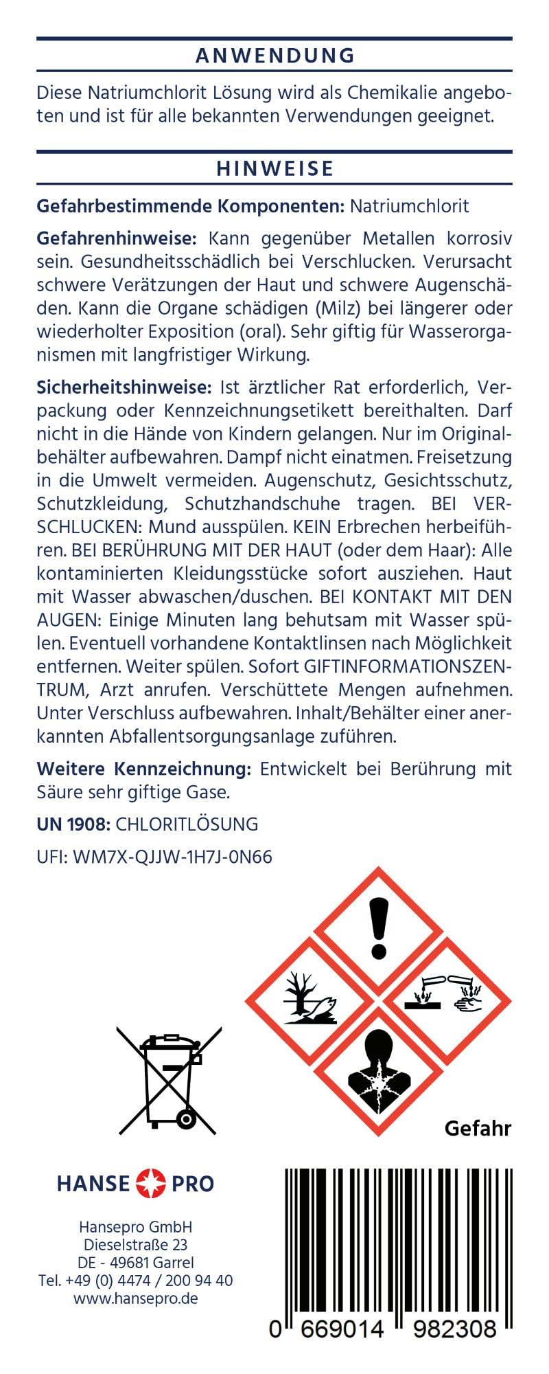 HANSE PRO Natriumchlorit Lösung (25%), 4 x 1000 ml, nach Original-Rezeptur, deutsches Qualitätsprodukt