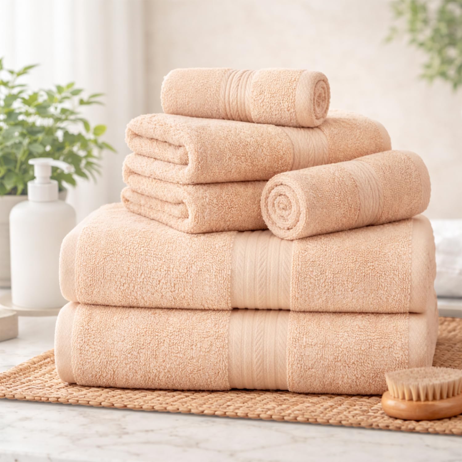 Ample Decor 100% Cotton 6 Piece Bathroom Towels Set, 2 Bath Towels, 2 Hand Towels, 2 Washcloths, Quick Drying - Beige Towel Sets
