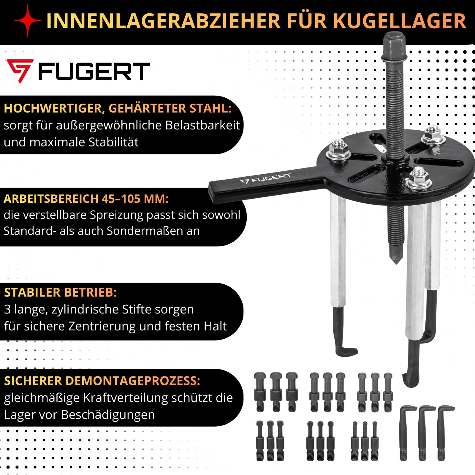 Lagerabzieher Set, Kugellager Abzieher & Innenlager Abzieher, stabiler 3-Arm Innenabzieher Werkzeug zum schonenden Entfernen festsitzender Lager, universal für Werkstatt, 45–105 mm, 21-tlg.