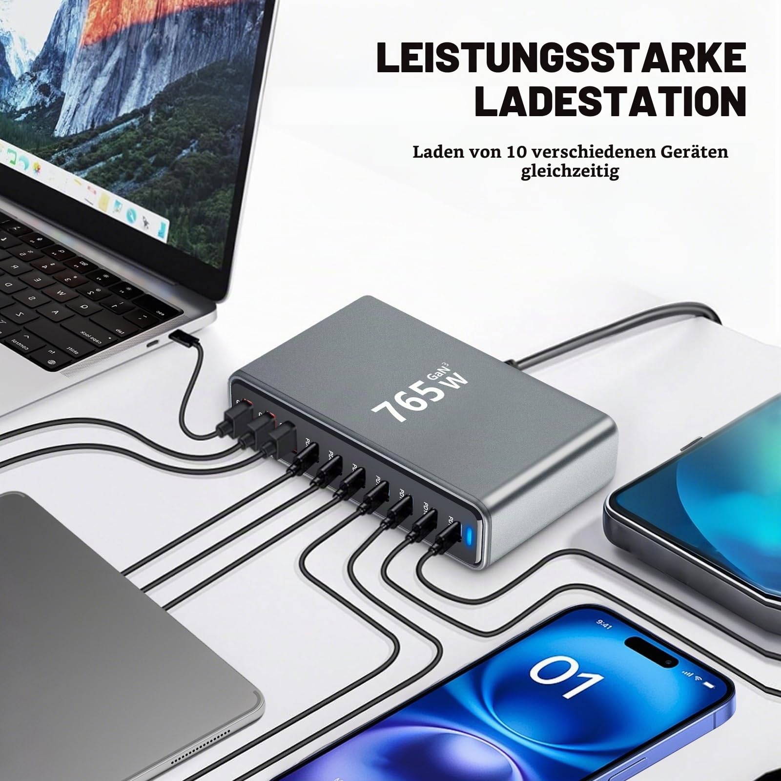 765W USB Ladegerät Mehrfach - 10 Ports Schnellladegerät mit 7 USB C + 3 USB A, Power Ladestation für mehrere geräte kompatibel mit MacBook, iPad, iPhone 16/15/14 Serie, Galaxy S22/ S20, Dell, HP