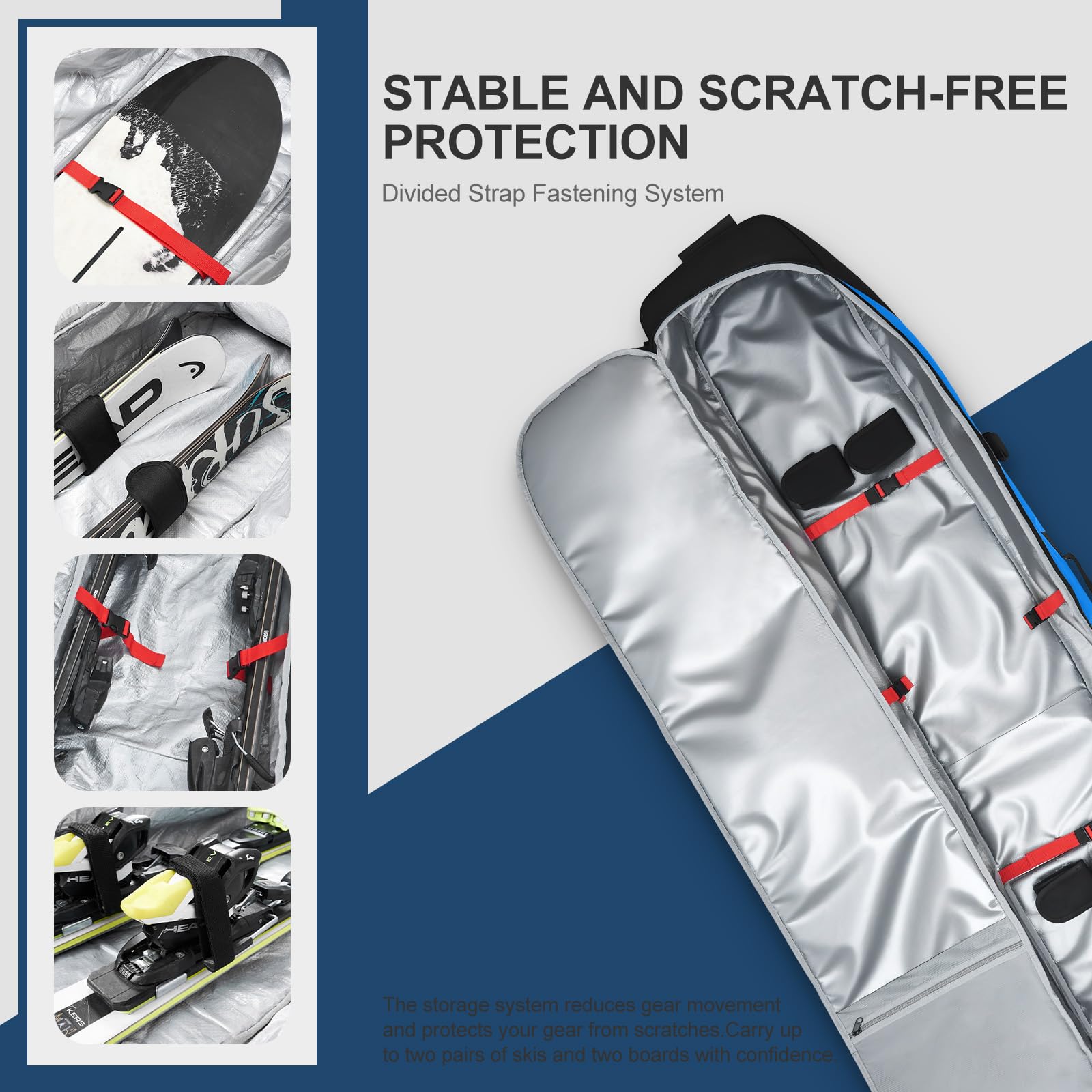 YOREPEK Skitas, geschikt voor dubbele ski's tot 175 cm (5 ft 7 inch), stevige gewatteerde skitassen voor vliegreizen, waterbestendige snowboard- of skisittas met wielen