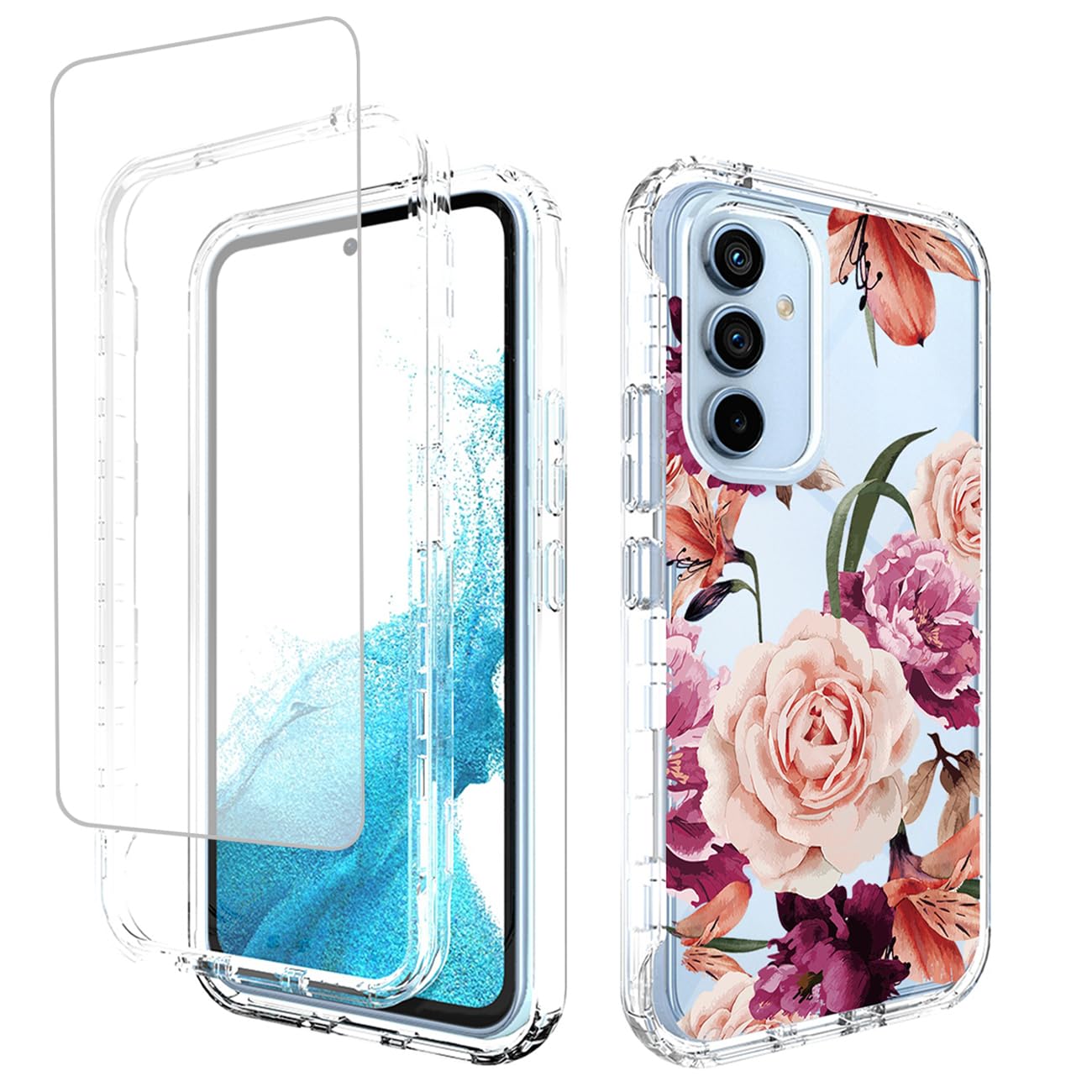 Yerebel Case for Galaxy A54 5G Case/Samsung A54 5G SM-A546U with Tempered Glass Screen Protector, Floral Design Shockproof Full Body Protective Cell