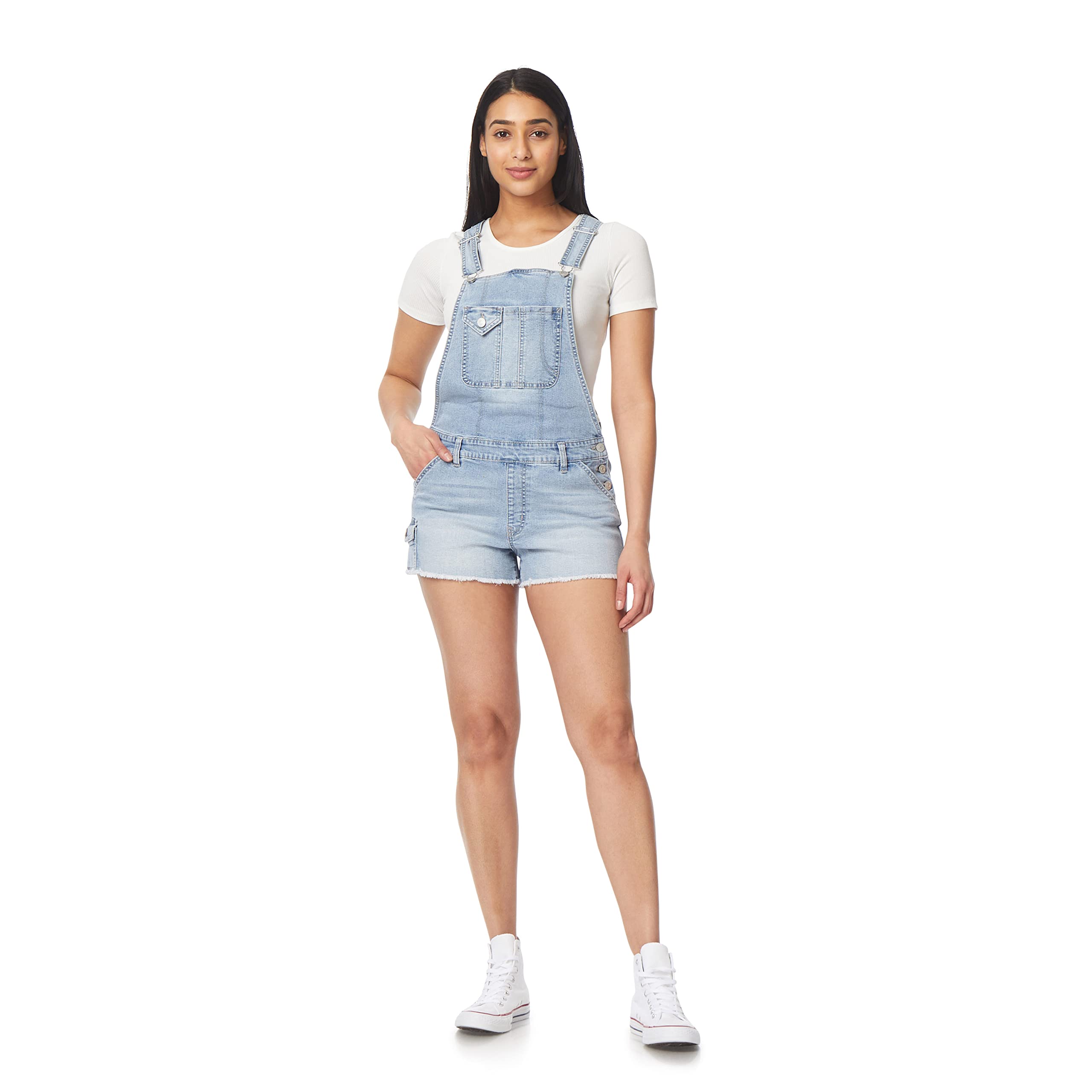 womens Juniors Instavintage Tomboy Mid-rise Casual Loose Fit Denim Shortalls (Standard and Plus), Wellie, L