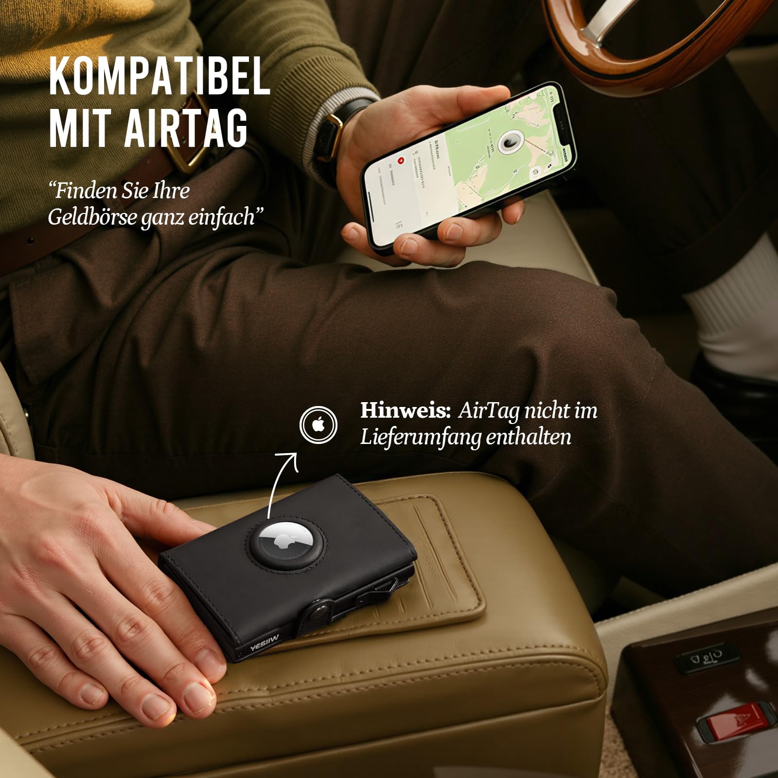 YESIIW Geldbörse Herren Slim Echtleder für AirTag mit RFID Schutz, Schwarz | Airtag-kompatibel Rfid-schutz Pop-up Kartenfach Echtes Leder 10 Kartenfächer 2 Ausweisfächer Münzfach