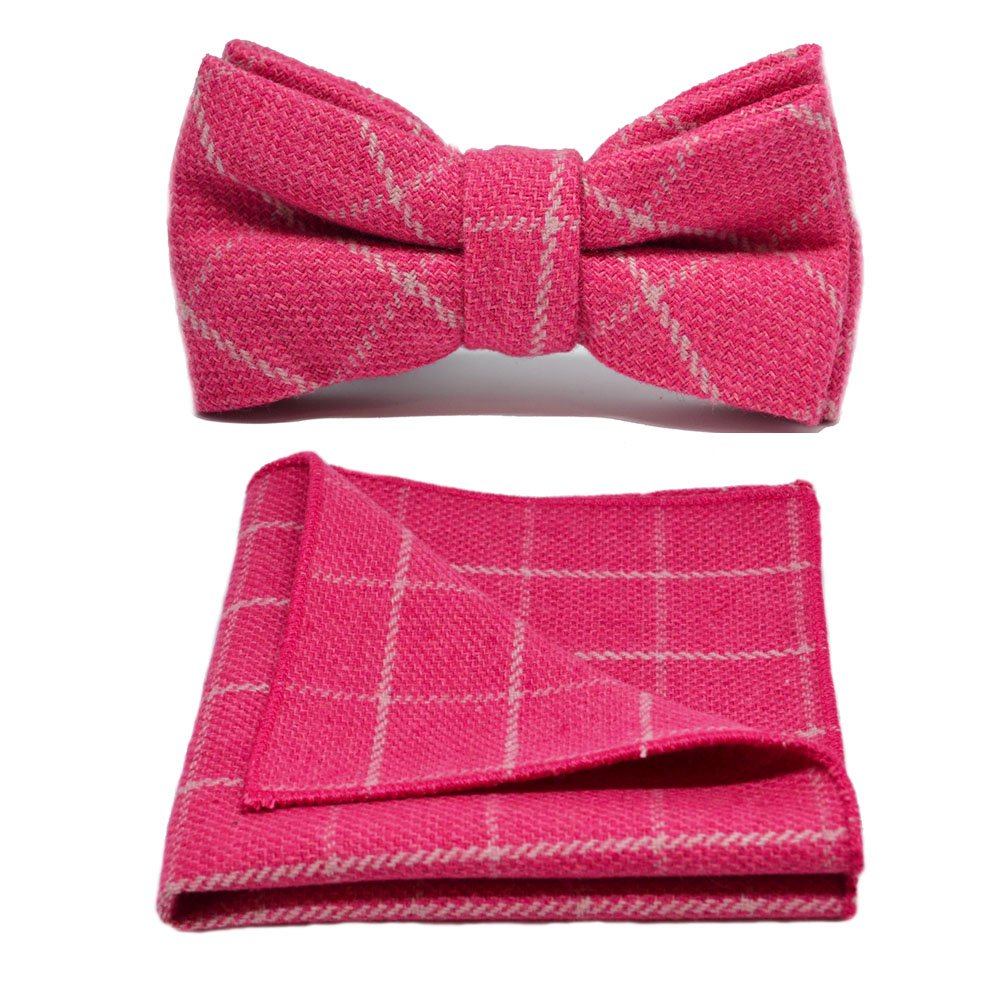 King & Priory Pink Fuschia Birdseye Check Bow Tie & Pocket Square Set