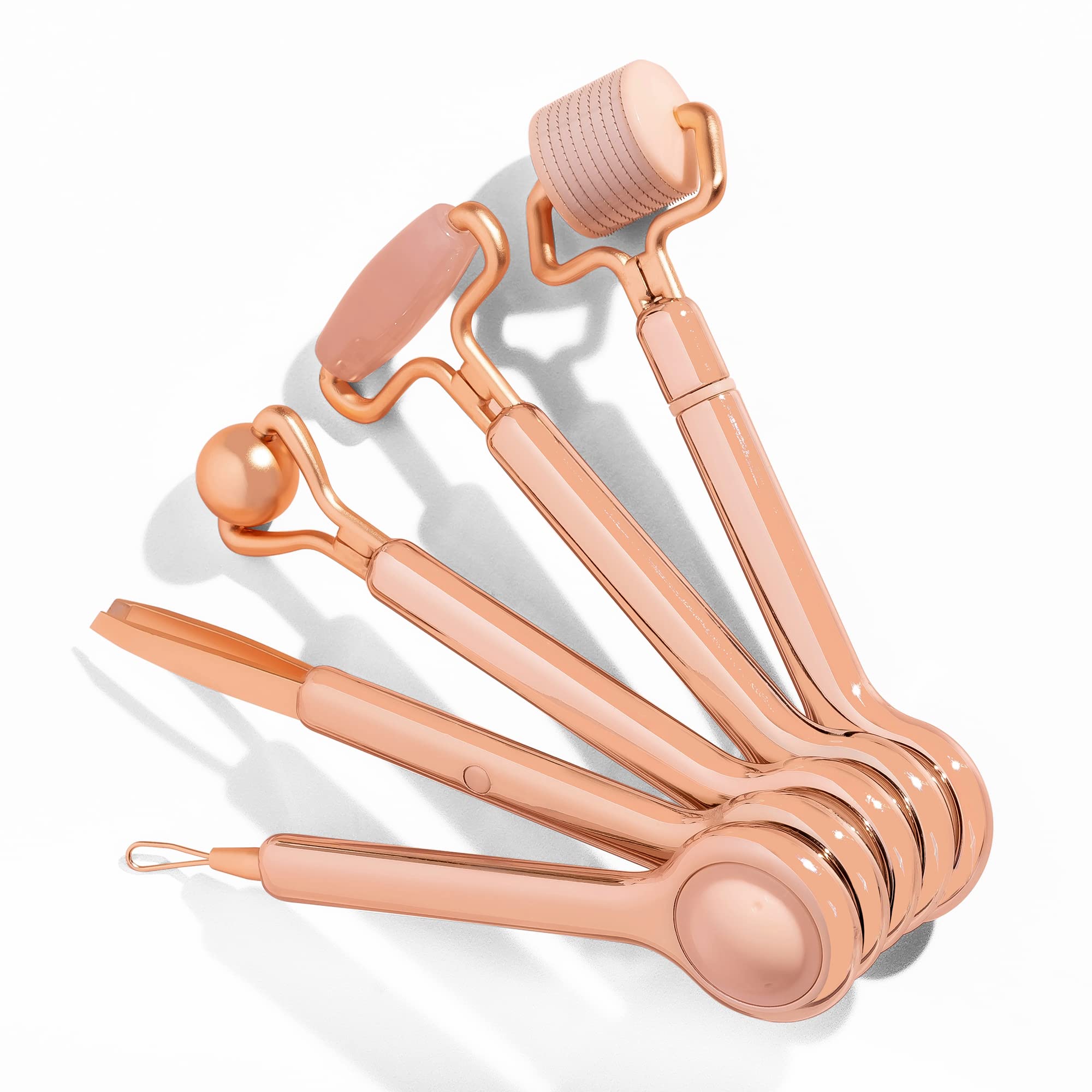 5-in-1 Professional Skin Care Tool Collection Derma Roller Rose Quartz Face Roller De-Puffing Eye Roller Comedone Extractor or