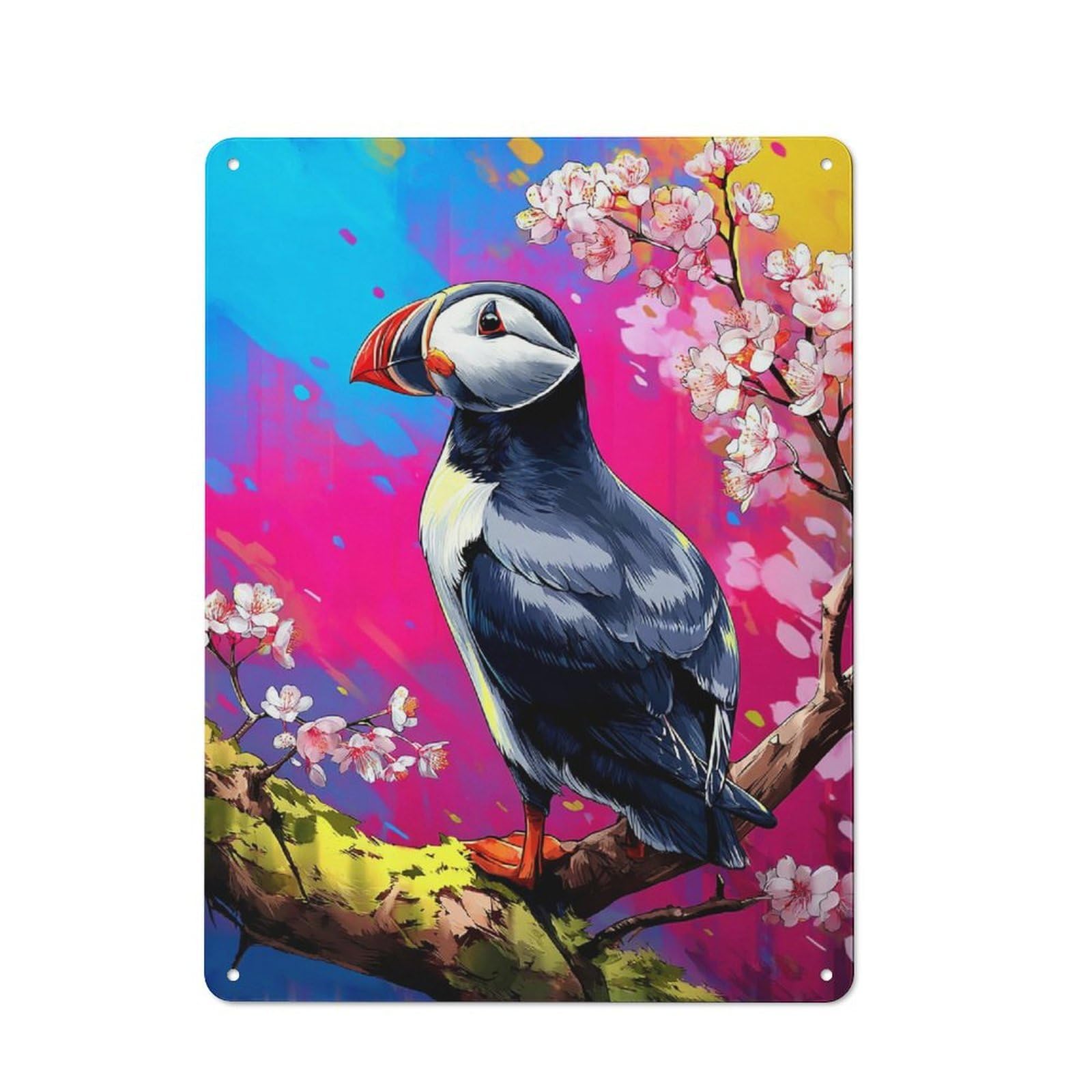 Junmoney Puffin Perched On Blossom Branch Retro Tin Wall Plaque 40X30cm For Garage Or Workshop, A Metal Wall Feature For Garages And Tool Rooms