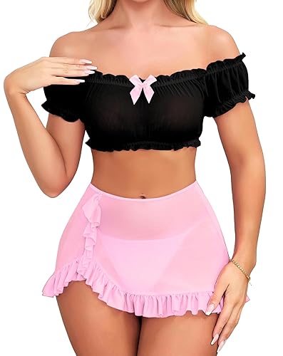 EVELIFE Dessous Damen Sexy Unterwäsche Sets Babydoll Dessous Unterwäsche Spitze Off-Schulter Crop Top Falten Minirock Romantische Frauen Dessous Sets - L - Schwarz