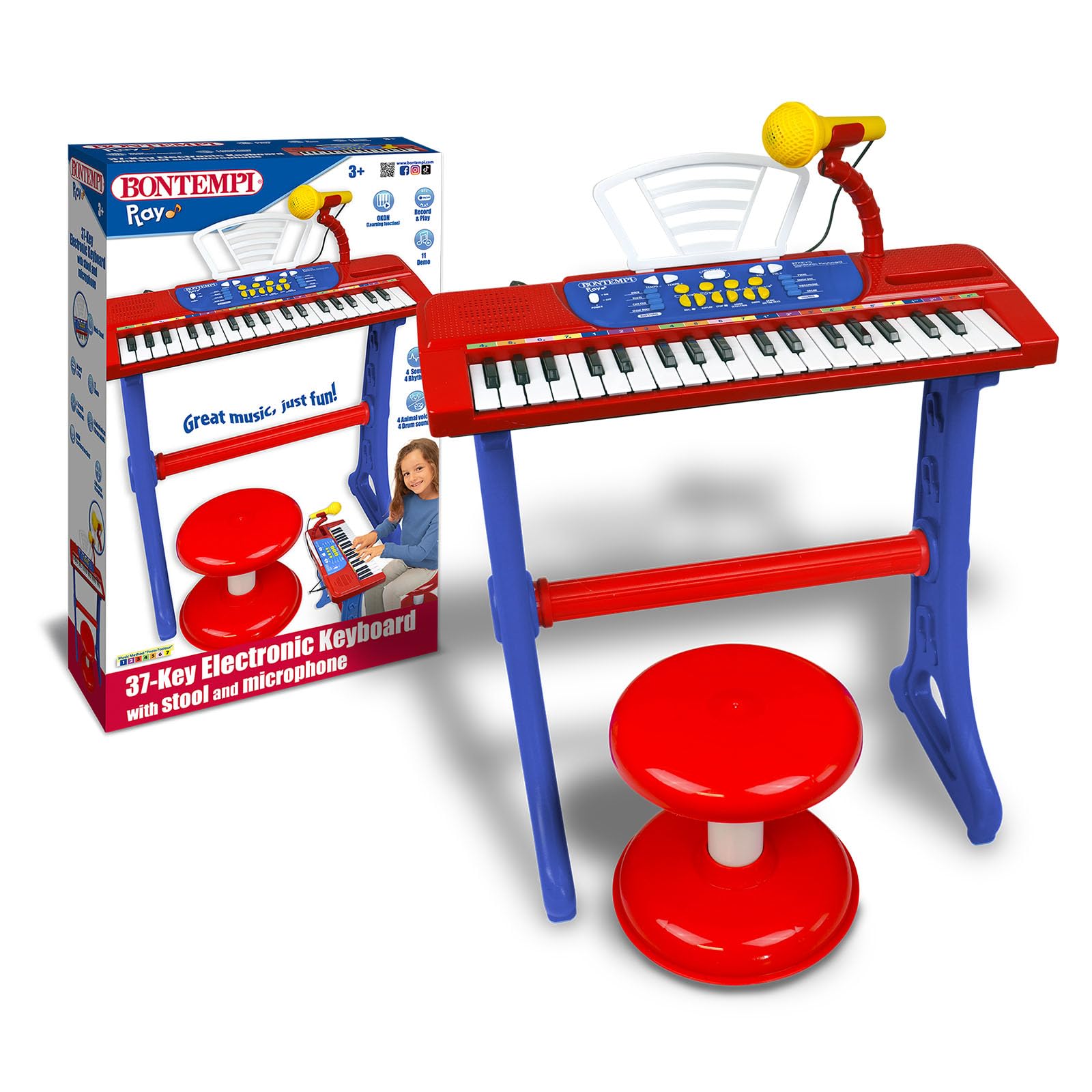 Bontempi | MiniKeyFun - Tastiera Giocattolo a 37 Tasti per Piccoli Musicisti con Microfono, Sgabello e Leggio, Blu e Rosso, 54,4x32,9x15,9 cm