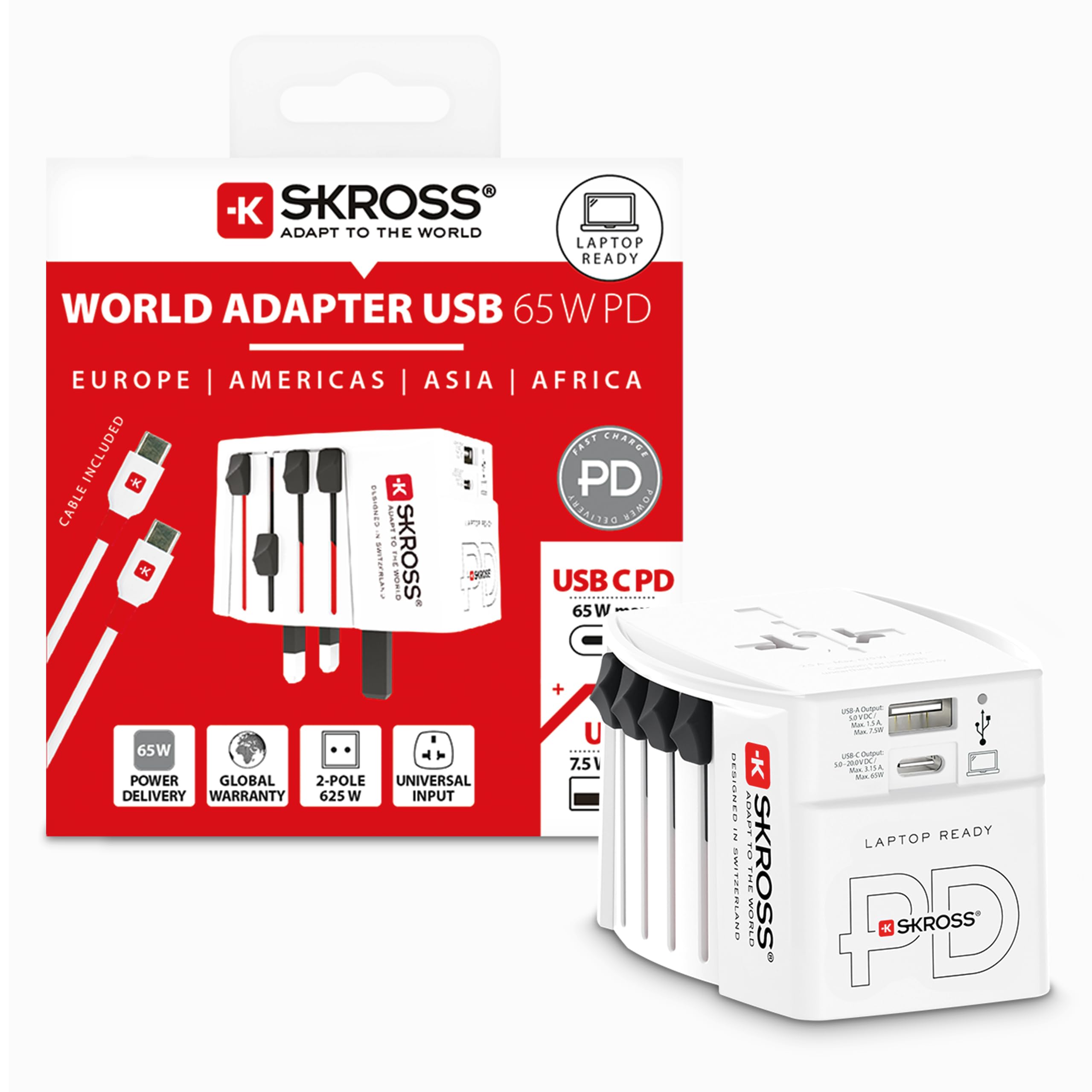 SKROSS -MUV USB AC65PD con cavo USB-C (160 cm) - Adattatore da viaggio universale a 2 poli + 1 USB C e 1 USB 65 W - Tensione e potenza: 100 V - 250 W/250 V - 625 W per laptop, tablet e smartphone