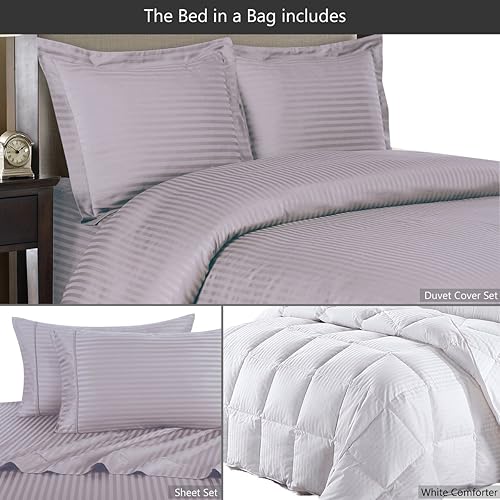 Miniatura 6 de sheetsnthings Damasco rayas ganso edredón con 600 TC 100  algodón 8 piezas de cama Queen Size sábanas y juego de funda de edredón gris topo