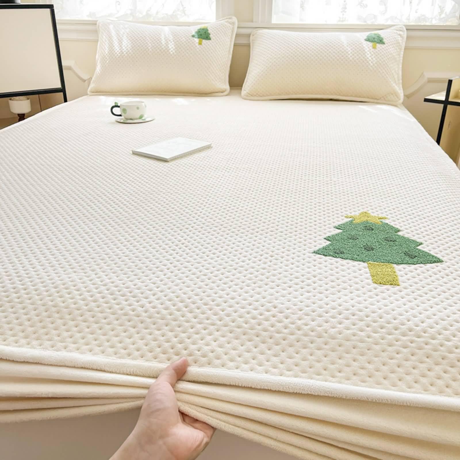 Prześcieradło z gumką 150 x 200 cm, chowane, z 2 poszewkami na poduszki, żakardowy wzór drzewa, prześcieradło z gumką, mleczny aksamit, 3-częściowy, ochrona materaca, prześcieradło do łóżka