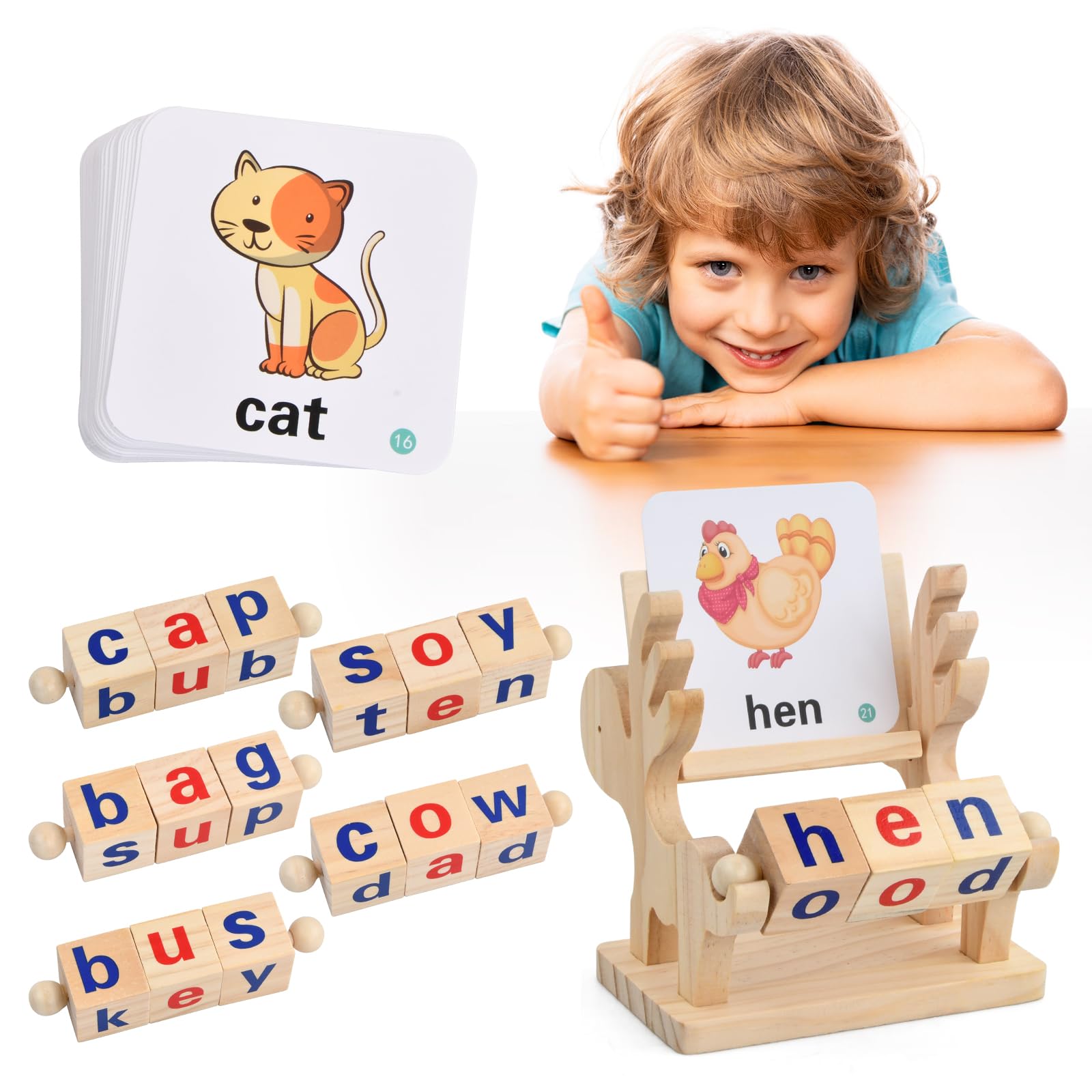 Wooden Spelling Letters Toy, Sight Words Spinning Alphabet Learning Toy, Matching Letter Game with 40pcs Flash Cards, Alphabet Flash Cards Wooden Montessori Toy for Preschool Boys Girls