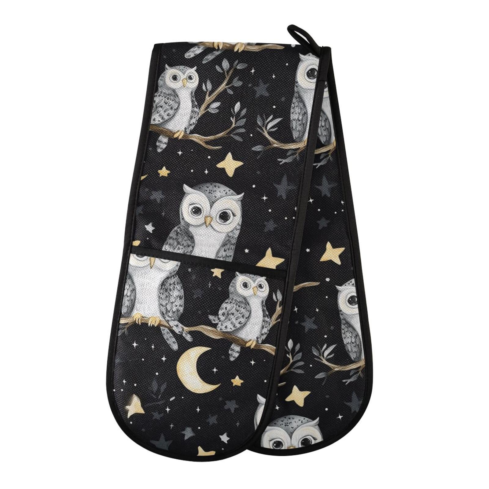 Double Oven Gloves Grey Owls Stars Moon Heat Resistant Pot Holder Oven Mitt Gloves for BBQ Cooking Baking Grilling Microwave