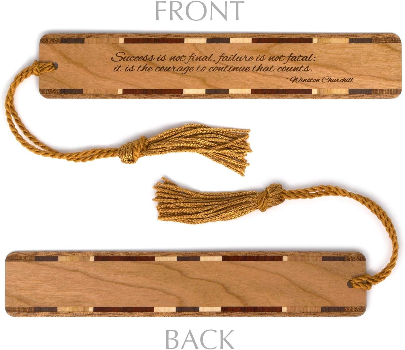 Winston Churchill Quote Wooden Bookmark | Courage and Success Engraved Design | Handmade Wood Bookmark with Copper Collegiate-Style Chainette Tassel | Made in the USA image 4