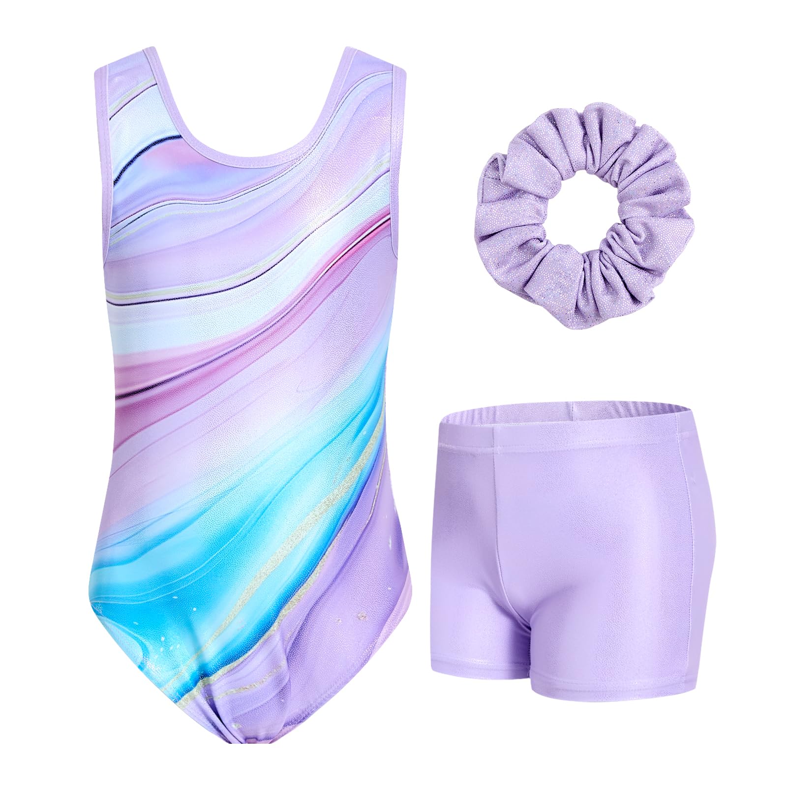 JiAmy Gymnastikanzug Mädchen, Turnanzug Kinder mit Hose Haarband Set, Glänzendes Gymnastik Turnanzug Leotard für 11-12 Jahre