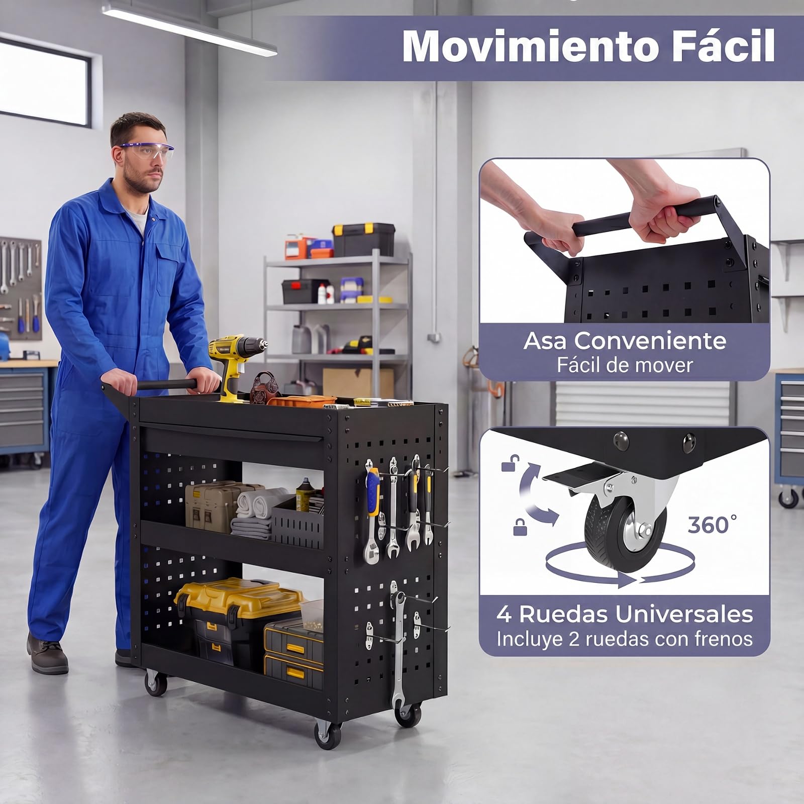 GYMAX Carro de Almacenamiento para Herramientas, Carro de Taller de 3 Niveles con Cajón, 2 Paneles Perforados, 8 Ganchos y Ruedas, Carrito Rodante de Transporte para Taller, Garaje y Almacén