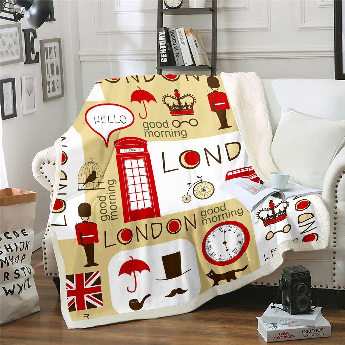 Couverture vintage British cabine téléphonique rouge et plaid sherpa enfants paysage urbain