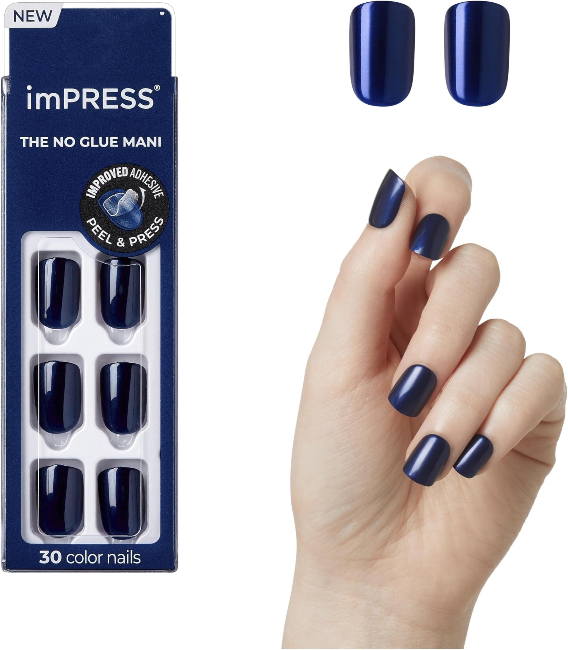 KISS imPRESS No Glue Mani Press On Nails, Color, 'Never Too Navy', Blue, Short Size, Squoval Shape, Includes 30 Nails, Prep Pad, Instructions Sheet, 1 Manicure Stick, 1 Mini File