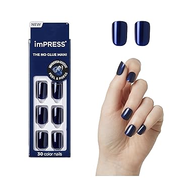 KISS imPRESS No Glue Mani Press On Nails, Color, 'Never Too Navy', Blue, Short Size, Squoval Shape, Includes 30 Nails, Prep Pad, Instructions Sheet, 1 Manicure Stick, 1 Mini File