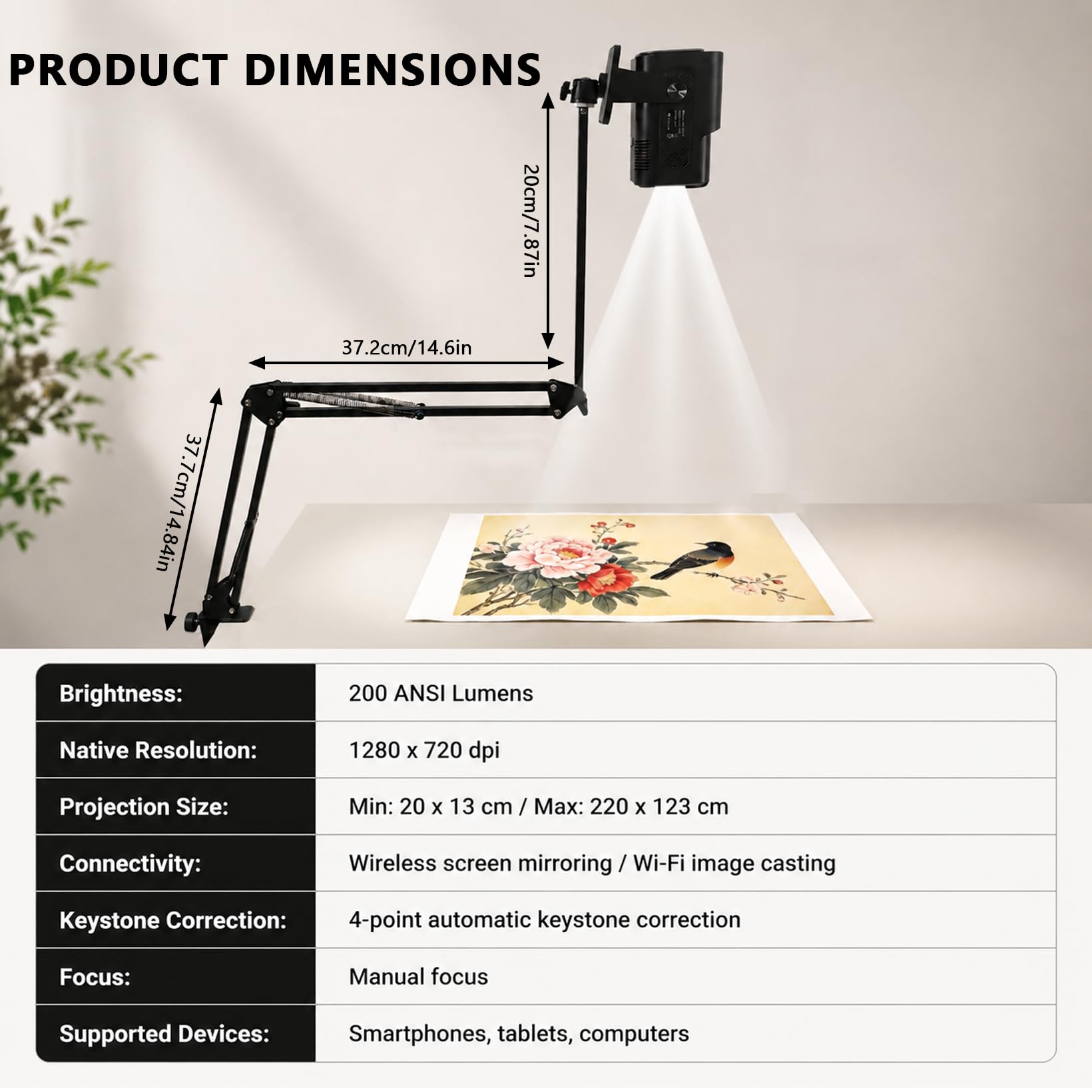 Zeichenprojektor Tragbar, HD 720p Skizzenprojektoren mit Ständer & Fernbedienung, 200 ANSI 4-Punkt-Trapezkorrektur 360° Drehbar, Drawing Projector WLAN für Smartphone Tablet Leinwand Wand