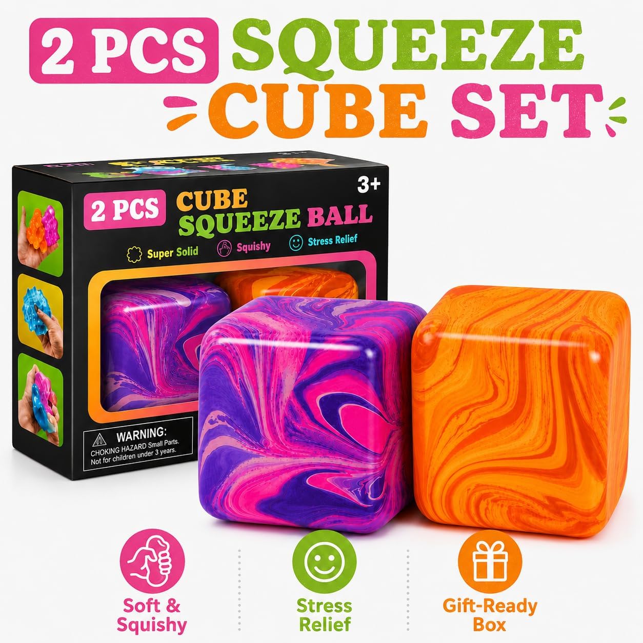 2 Pack Squishy Cube Stress Relief Squeeze Cube, Soft Squishy Cube for Adults, Colorful Marble Gel-Look Hand Fidget, Tactile Desk Accessory for Office Home Relaxation, Purple Orange