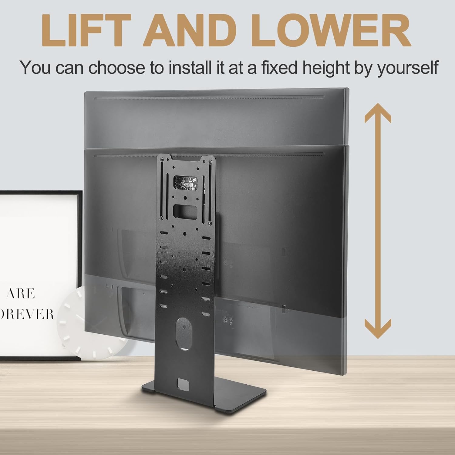 Universal Low Profile Single Screen Computer Desktop Gaming Monitor Replacement Stand, Vertical Mount Compatible with ≤27 Inch VESA 75/100, Power Port Downward or Horizontal Out
