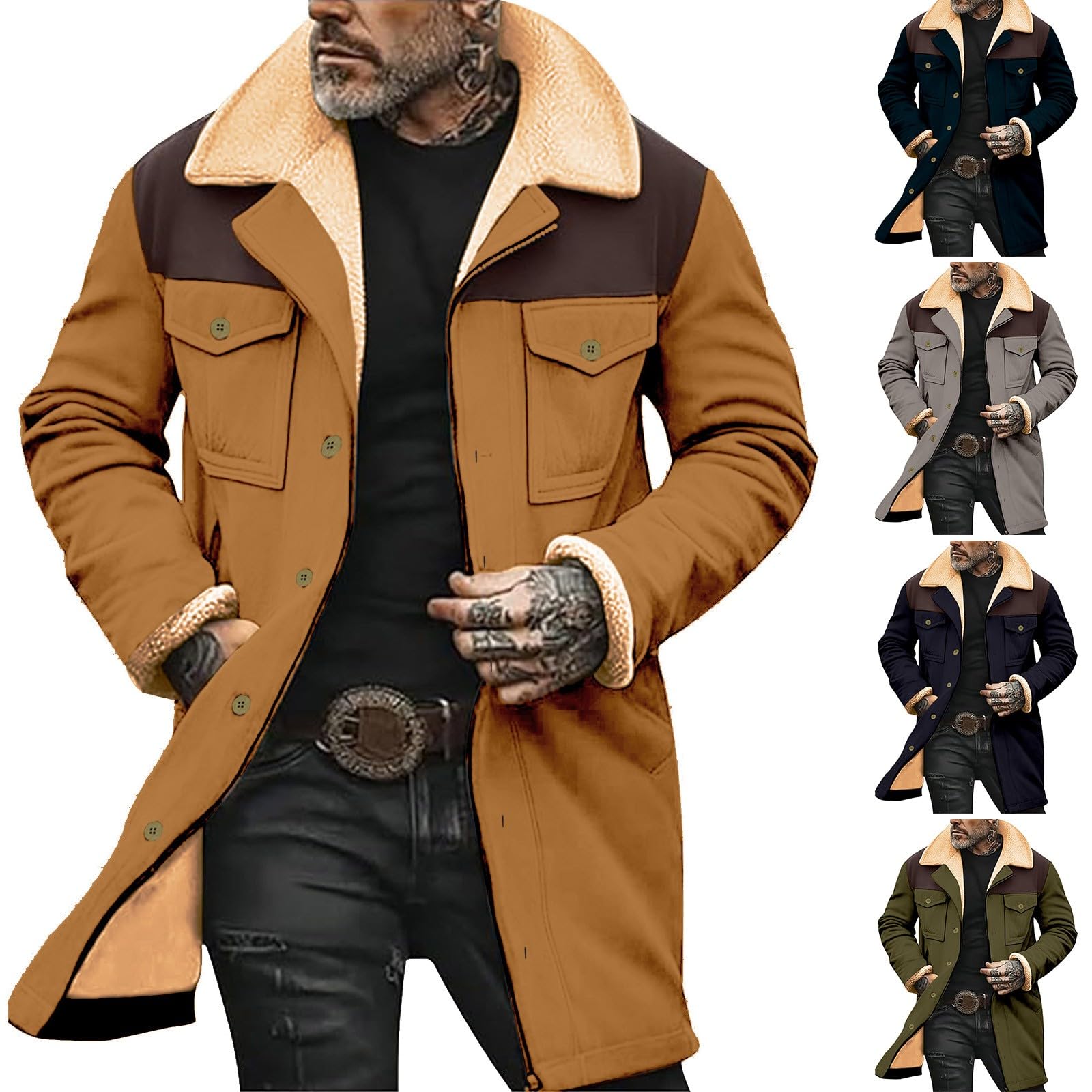 Manteau long en coton Sherpa à revers boutonné pour homme | Cardigan d'hiver épais et chaud multi-poches – Manteau d'extérieur décontracté pour l'extérieur – Vêtement de rue confortable