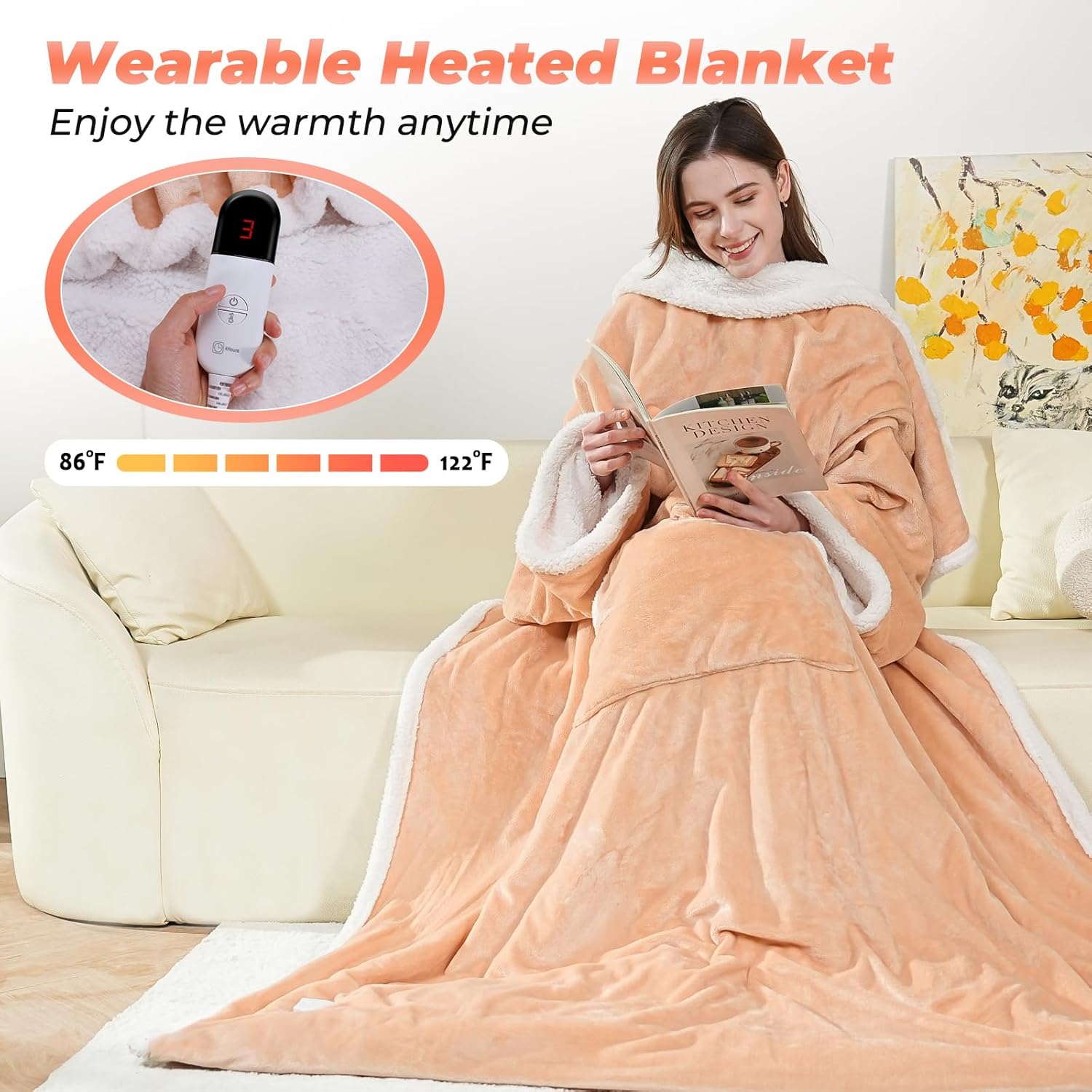Wearable Heated Blanket with Foot Pockets, Electric Wearable Throw Blanket with Sleeves, Wearable Electric Blanket with 6 Heat Levels Settings, Fixed 4H Auto-off, Gift for Family, Friends, 50*70"