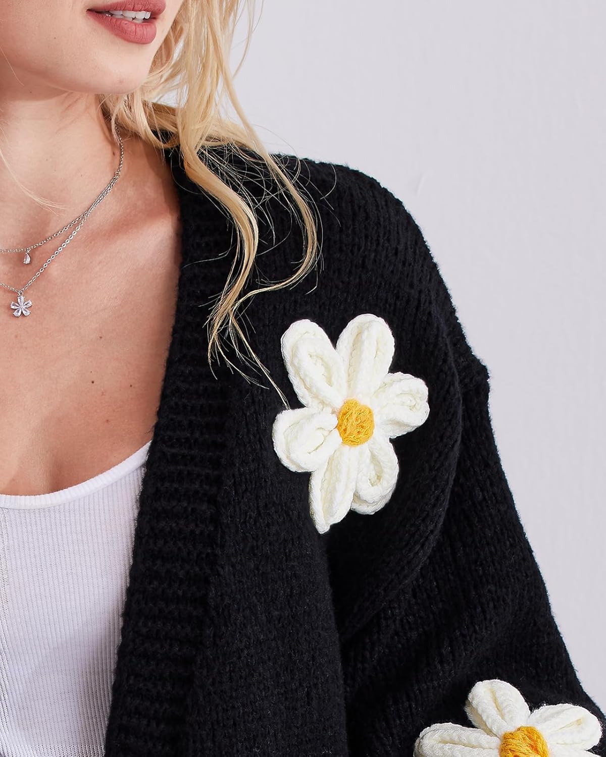 Y2k Sweater Cardigan for Women, Long Sleeve V-Neck Button Crochet Flower Knit Womens Clothes. - Image 2