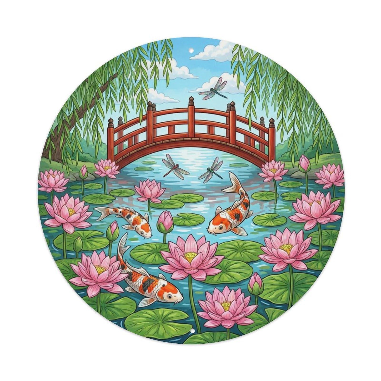 Olyhtr 8X8inch Classic Style Water Lily Koi Pond Landscape Garden Summer Mist Metal Tin Sign