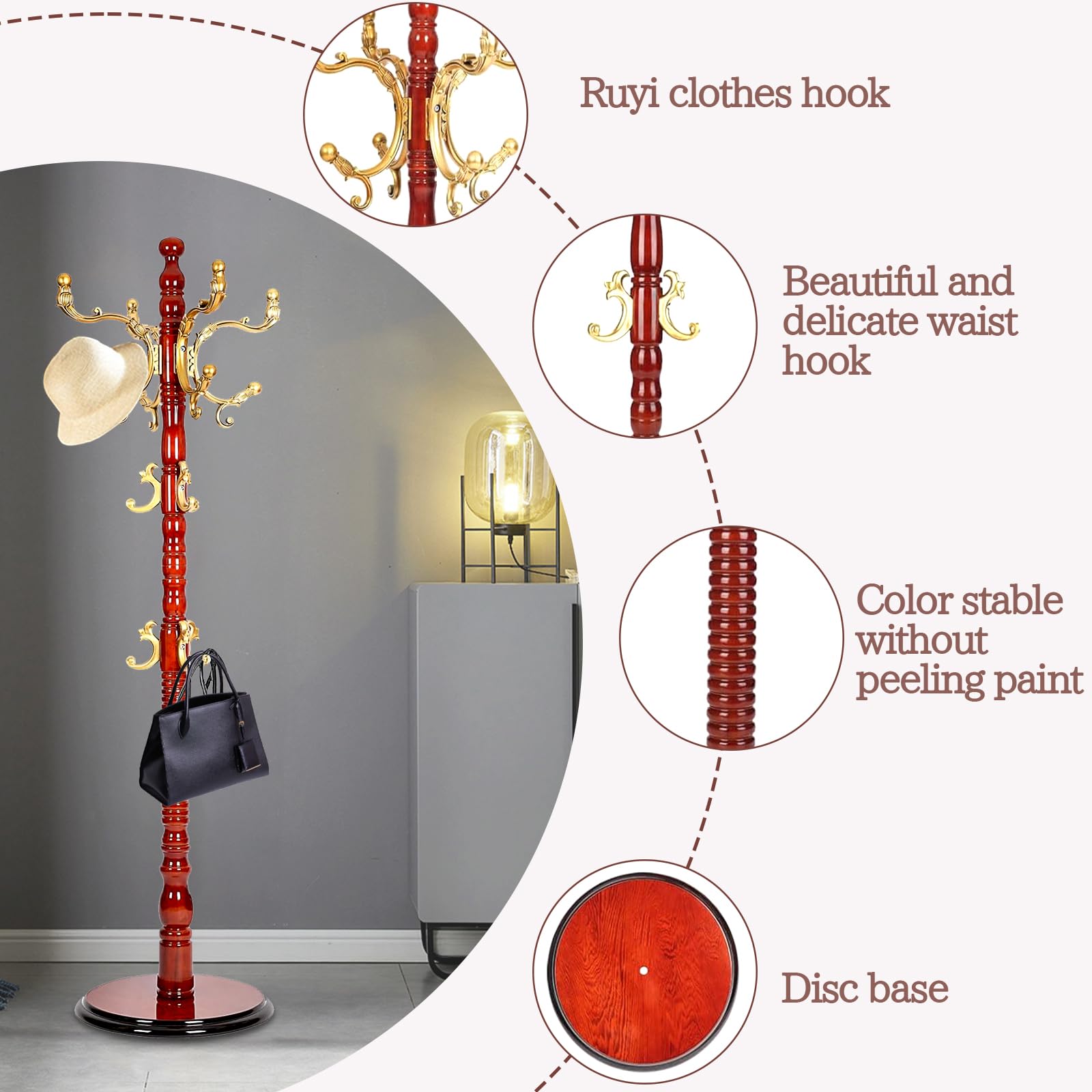 Birch Tree Coat Rack Freestanding - 14 Hook Wooden Floor Hanger With Stable Base, For Hats & Coats (Mahogany)