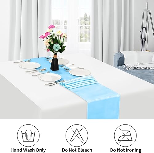 Miniatura 5 de Paquete de 12 caminos de mesa de satén azul bebé de 12 x 108 pulgadas de largo, decoración de mesa brillante, suave y sedosa para decoración de mesa