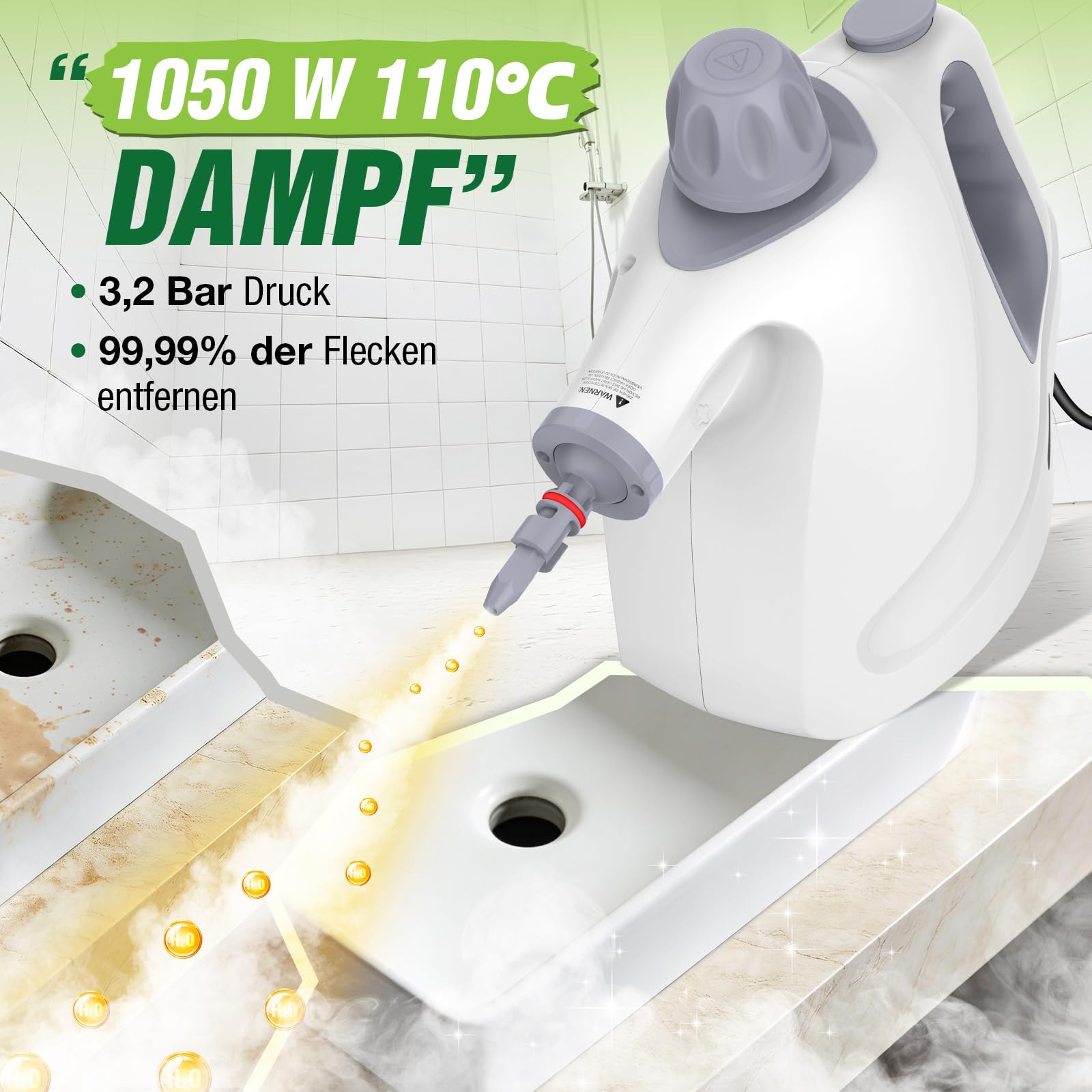 Vaporeta Limpieza Hogar, 1050W 110℃ 3,2Bar Alta Presión Vaporeta de Mano con 10 Accesorios, 100% sin Químicos, Grasa & Suciedad Steam Cleaner, Limpiador a Vapor Portátil para Cocina, Ventanas (Blanco)