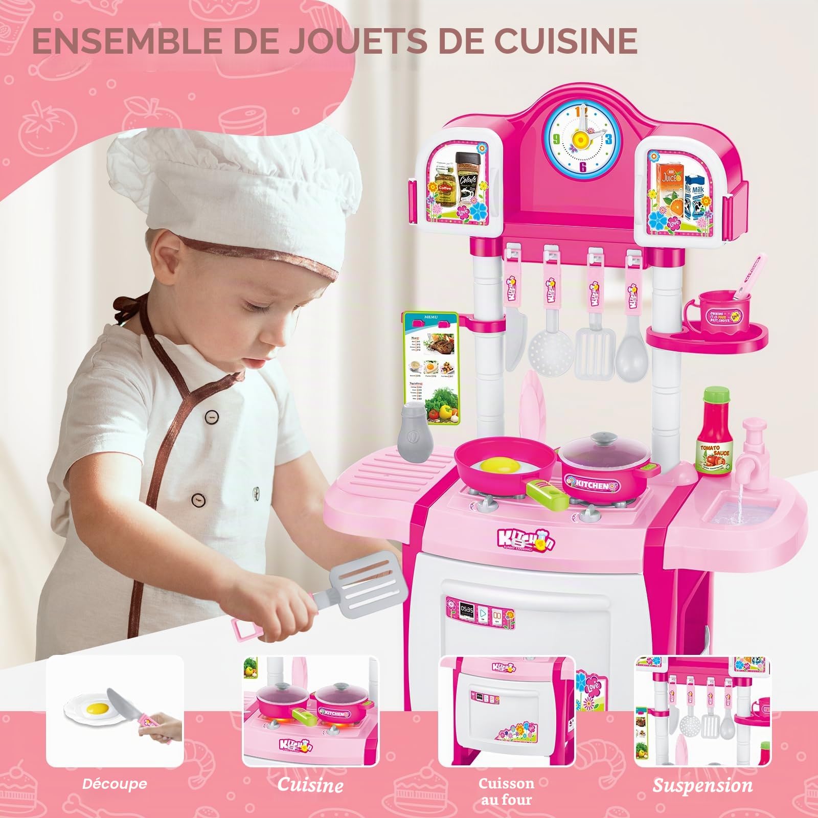 deAO Kit Cuisine pour Enfant avec lumière, Sons, évier, Ustensile Cuisine | My Little Chef Jeu de rôle Miniature avec Vaisselle, Aliments, Évier, Four et Plaques de CuisSons, Cuisine Jouet Cadeaux Rose