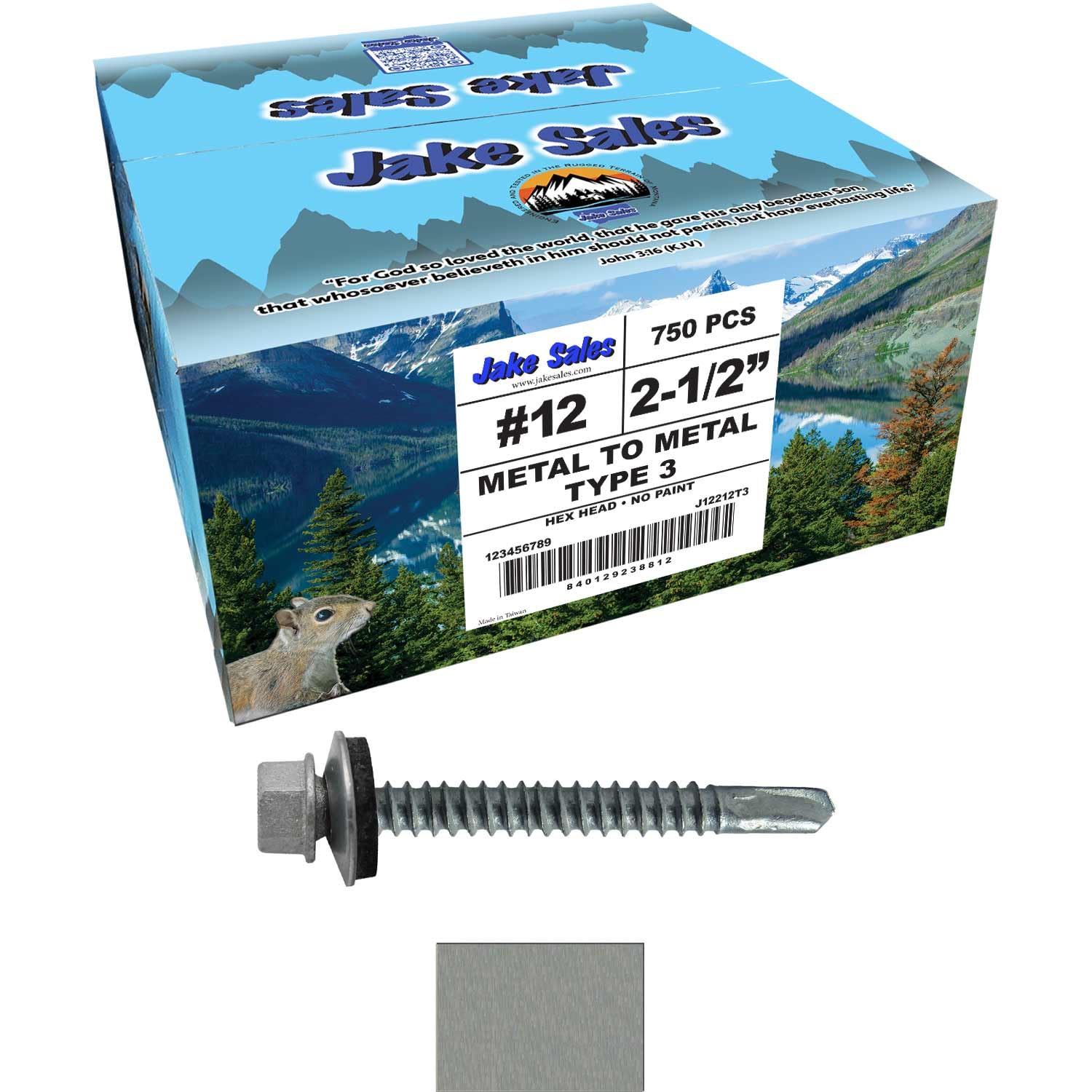 12 x 2-1/2" NO Paint Type 3 Metal Roofing Screws - Hex Head Drill Point - 9/16" EPDM Washer. 4 X 250 Bags - 1,000 Screws