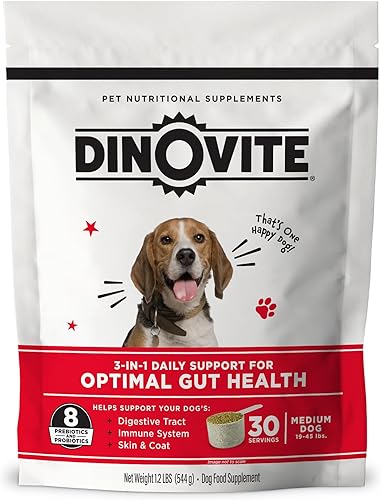Dinovite Suplemento probiótico para perros - Omega 3 para perros - Alivio de puntos calientes - Suplemento de piel y pelaje para perros - Suministro