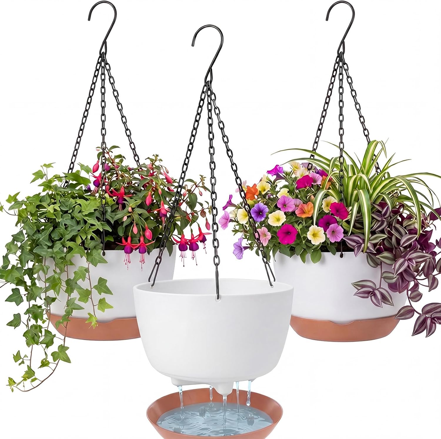 3 Pcs 8'' Hanging Planters for Plants Indoor Outdoor, Plastic Self Watering Pot with Drainage Holes Removable Tray, Hanging Baskets Flower Pot for Home Balcony Terrace Decoration(Multicolor)