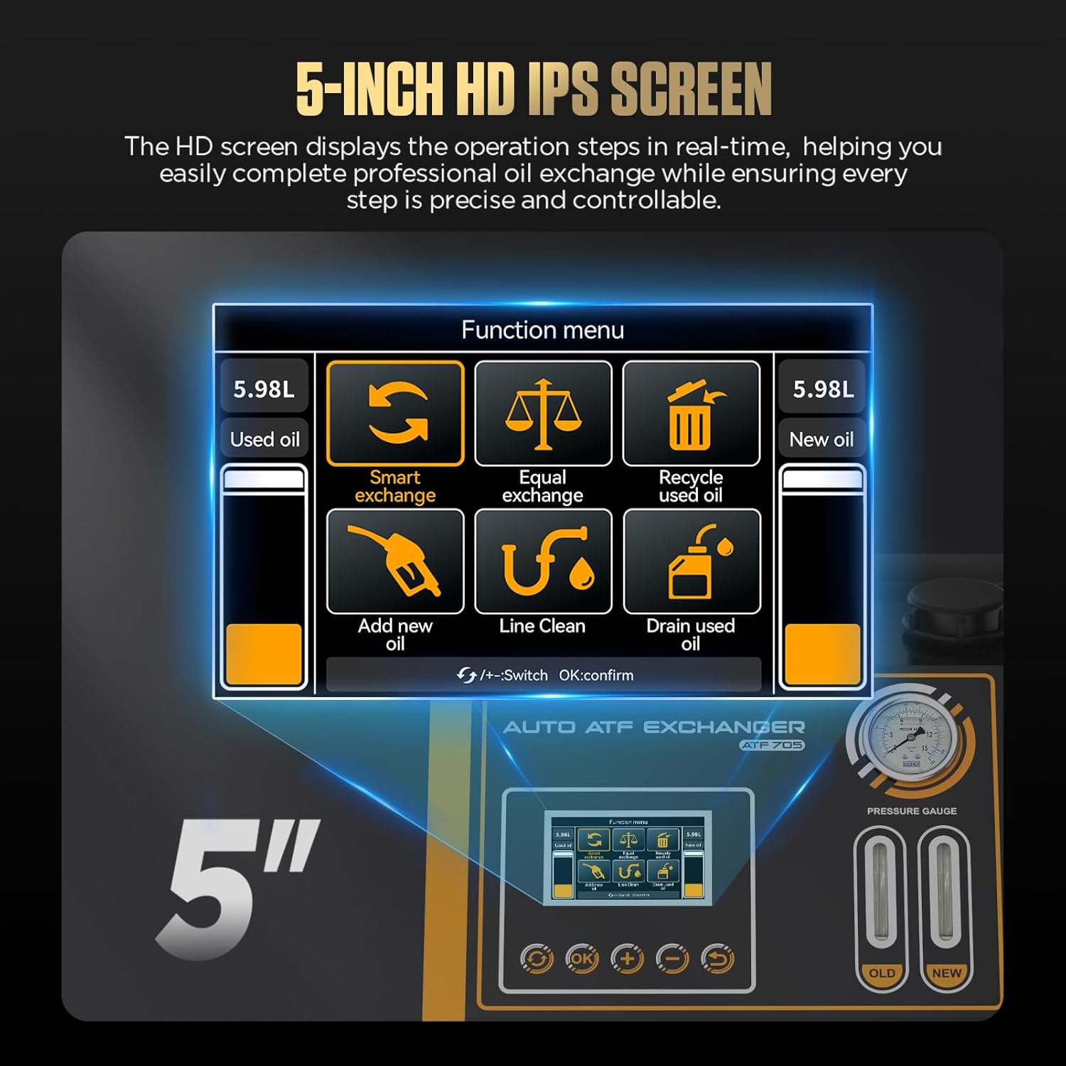 ATF705 Full Automatic Transmission Fluid Exchanger Machine, Professional ATF Changer with 5" Touchscreen,20-Min Quick Flush, Smart Oil Direction Recognition, 90%+ Efficiency,For All Auto Transmissions