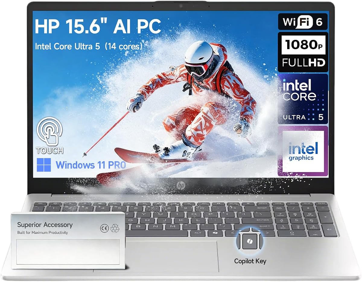 Computadora con pantalla táctil HP Laptop 15, Intel Core Ultra 5 (14 núcleos, Beat i7-1355U), computadora portátil empresarial AI con pantalla táctil FHD IPS de 15.6", 24 GB DDR5 1 TB SSD | Windows 11 Pro, USB-C (DisplayPort), HDMI, 10 teclas