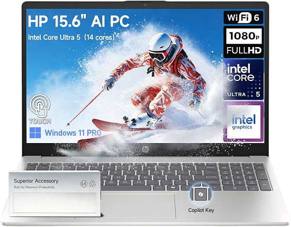 Laptop HP 15 táctil para negocios, Intel Core Ultra 5 (14 núcleos, supera i7-1355U), 15.6" FHD IPS táctil, PC AI, 16GB DDR5 1TB SSD | Windows 11 Pro, USB-C (DisplayPort), HDMI, teclado numérico
