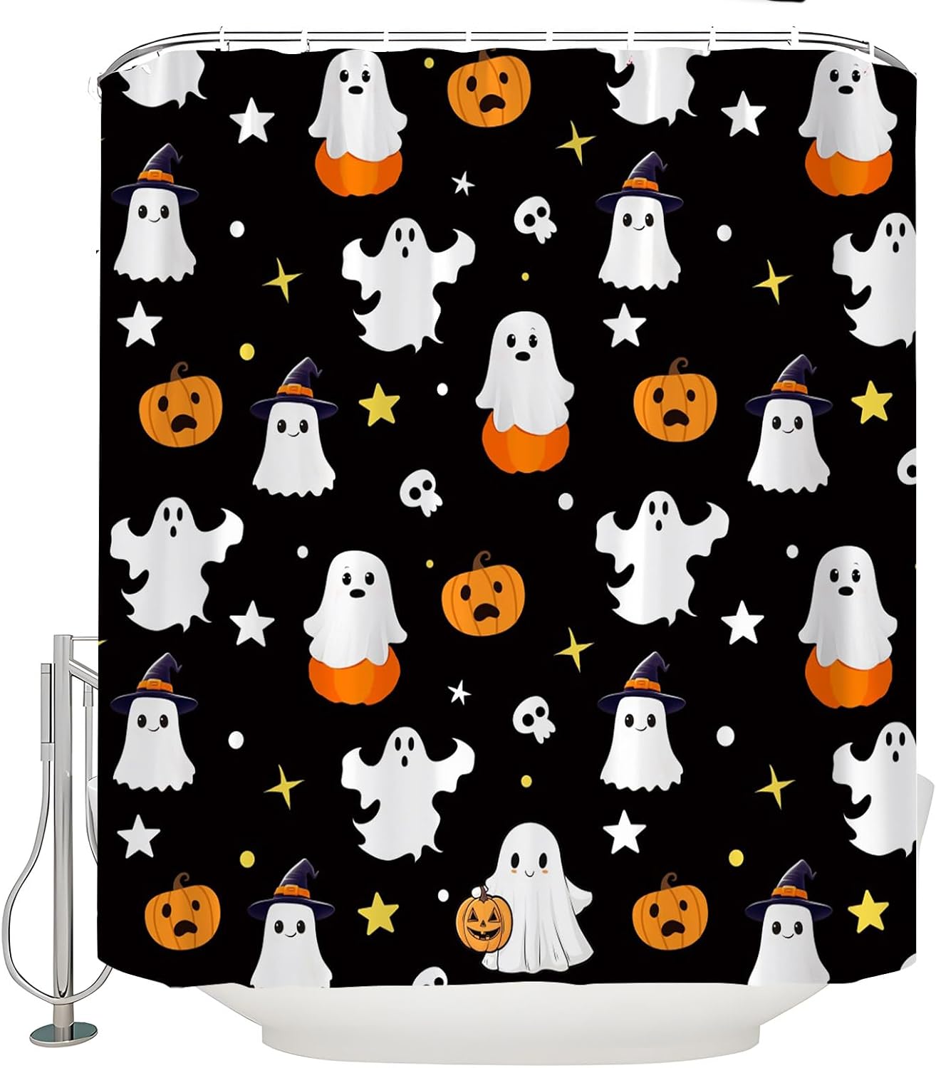 Halloween Ghost Shower Curtain Cute Spooky Funny Cartoon Pumpkin Horror Gothic Scary Black Bathroom Curtain with Hooks