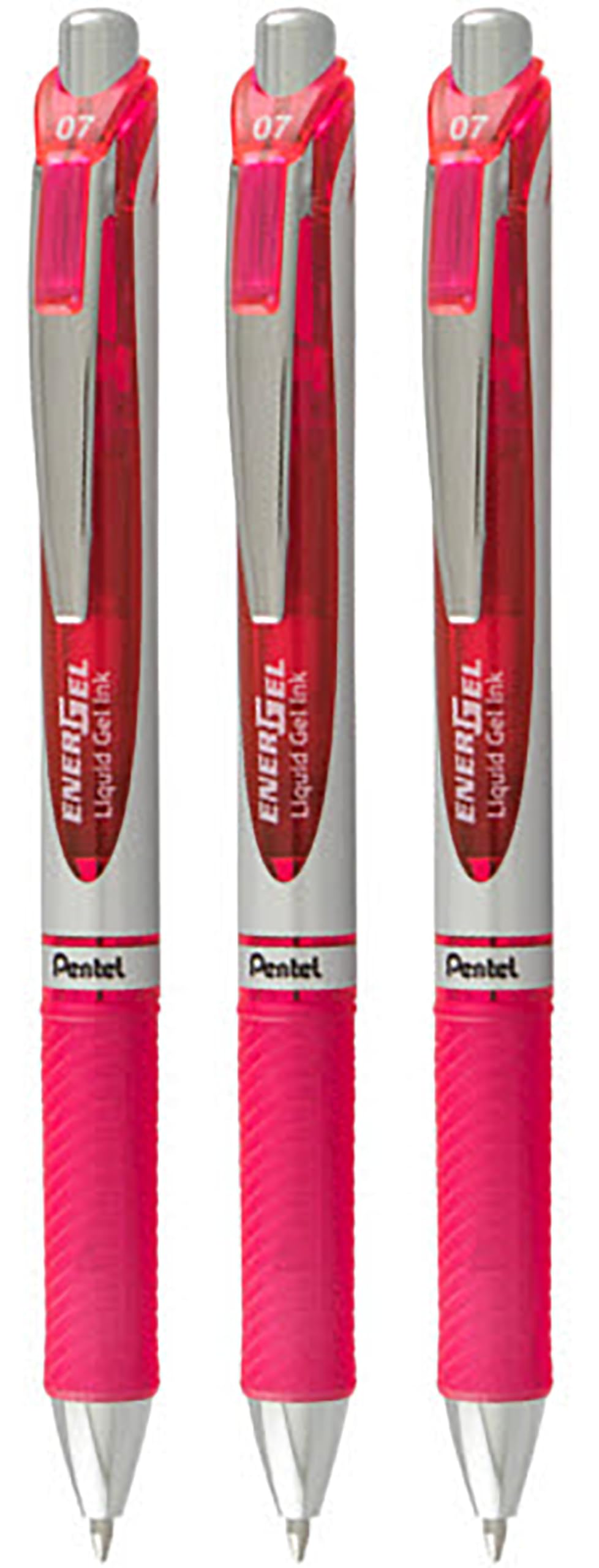 Pentel EnerGel RTX Retractable Liquid Gel Pen, (0.7mm) Metal Tip, Medium Line, Pink Ink, 3 Pack