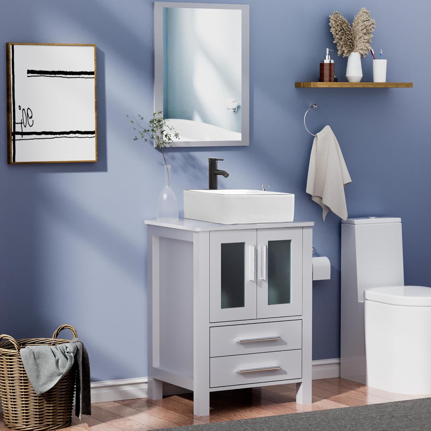 UEV 24" Grey Bathroom Vanity with Vessel Sink, Faucet Sink Bowl,Modern Bathroom Vanity Cabinet,Pop Up Drain Included with Modern Artistic Ceramic Vessel Sink Combo,Mirror Not Included(031WH)