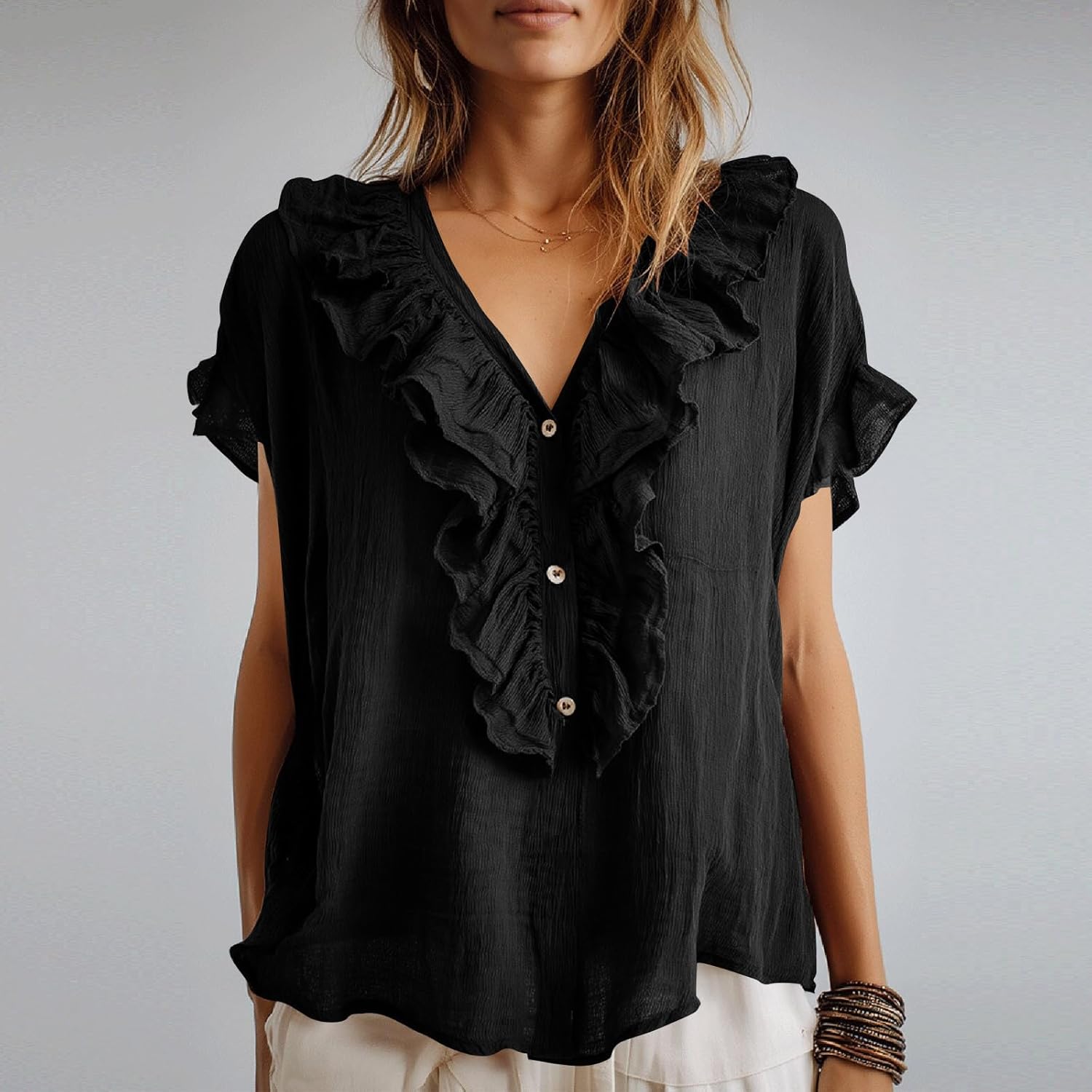 Linen Shirts for Women Ruffle Trim V Neck Top Boho Short Sleeve Summer Blouse Cotton Casual Blouses with Buttons