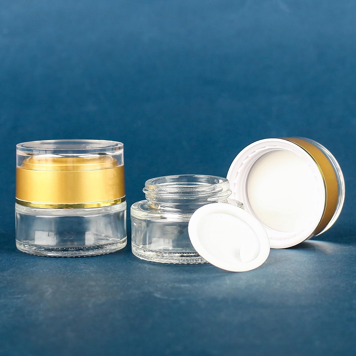 COSIDEA 15pcs Empty 0.67 OZ/20g Round Glass Jars pot with Gold acrylic lids, Cream Jar Refillable Cosmetic Travel Containers for Lip Balm, Ointments, Lotion Packing