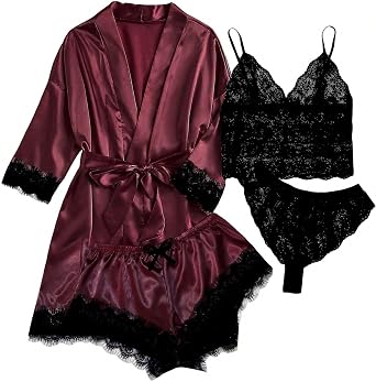 Women's Satin Pajama Set 4PCS Floral Lace Cami Tops Lingerie Lounge Sleepwear with Silk Robe Sexy Nightwear Loungewear